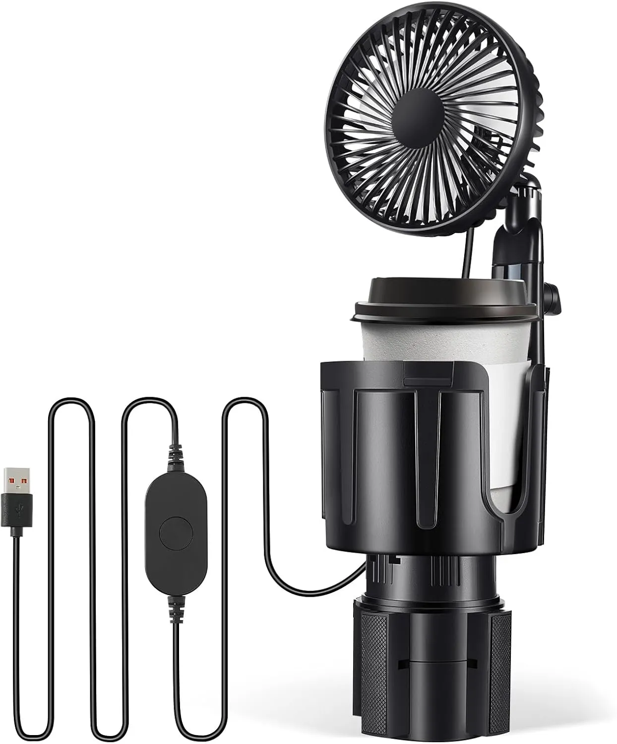 Benlari USB Car Fan with Cup Holder - Upgraded 2 in 1 Cup Fan Holder with 3 Powerful Speed Cooling Wind - Adjustable Extended Bracket Cup Holder for Vehicle Van Truck SUV RV Solar-powered car fan for ventilation