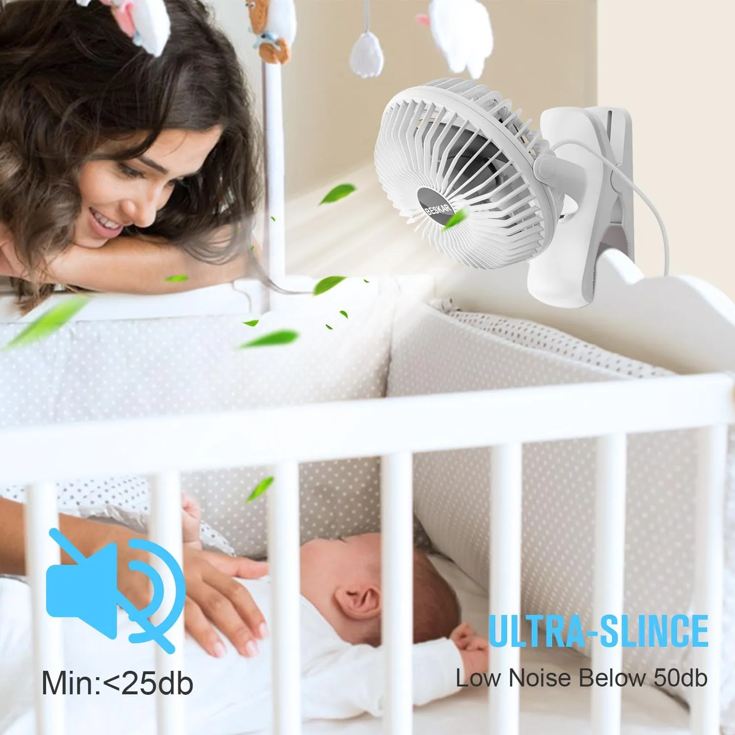 BESKAR Clip on Fan, 360 Rotation Quiet Stroller Fans with Strong Airflow,3 Speeds, Portable Small Fans with Sturdy Clamp,Perfect Personal Cooling Fan for Office Table Bedroom Kitchen