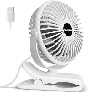 BESKAR Clip on Fan, 360 Rotation Quiet Stroller Fans with Strong Airflow,3 Speeds, Portable Small Fans with Sturdy Clamp,Perfect Personal Cooling Fan for Office Table Bedroom Kitchen 360-degree rotating fan for home use