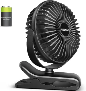 BESKAR Portable Clip on Fan Rechargeable, 4 Speeds Small Battery Operated Fan, USB Desk Fan with Strong Airflow, Sturdy Clamp for Golf Cart Office Outdoor Travel Camping USB desktop fan for workspace
