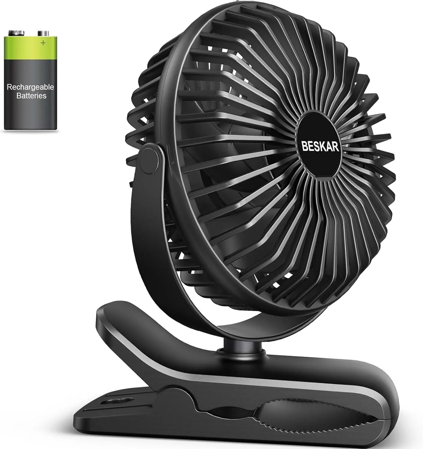 BESKAR Portable Clip on Fan Rechargeable, 4 Speeds Small Battery Operated Fan, USB Desk Fan with Strong Airflow, Sturdy Clamp for Golf Cart Office Outdoor Travel Camping USB desktop fan for workspace