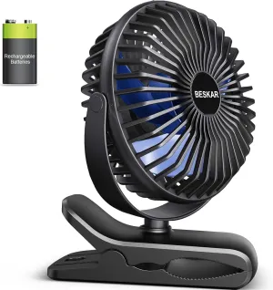 BESKAR Portable Clip on Fan Rechargeable, 4 Speeds Small Battery Operated Fans, USB Desk Fan with Strong Airflow, Sturdy Clamp Fans for Golf Cart Office Outdoor Travel Camping USB desktop fan for workspace