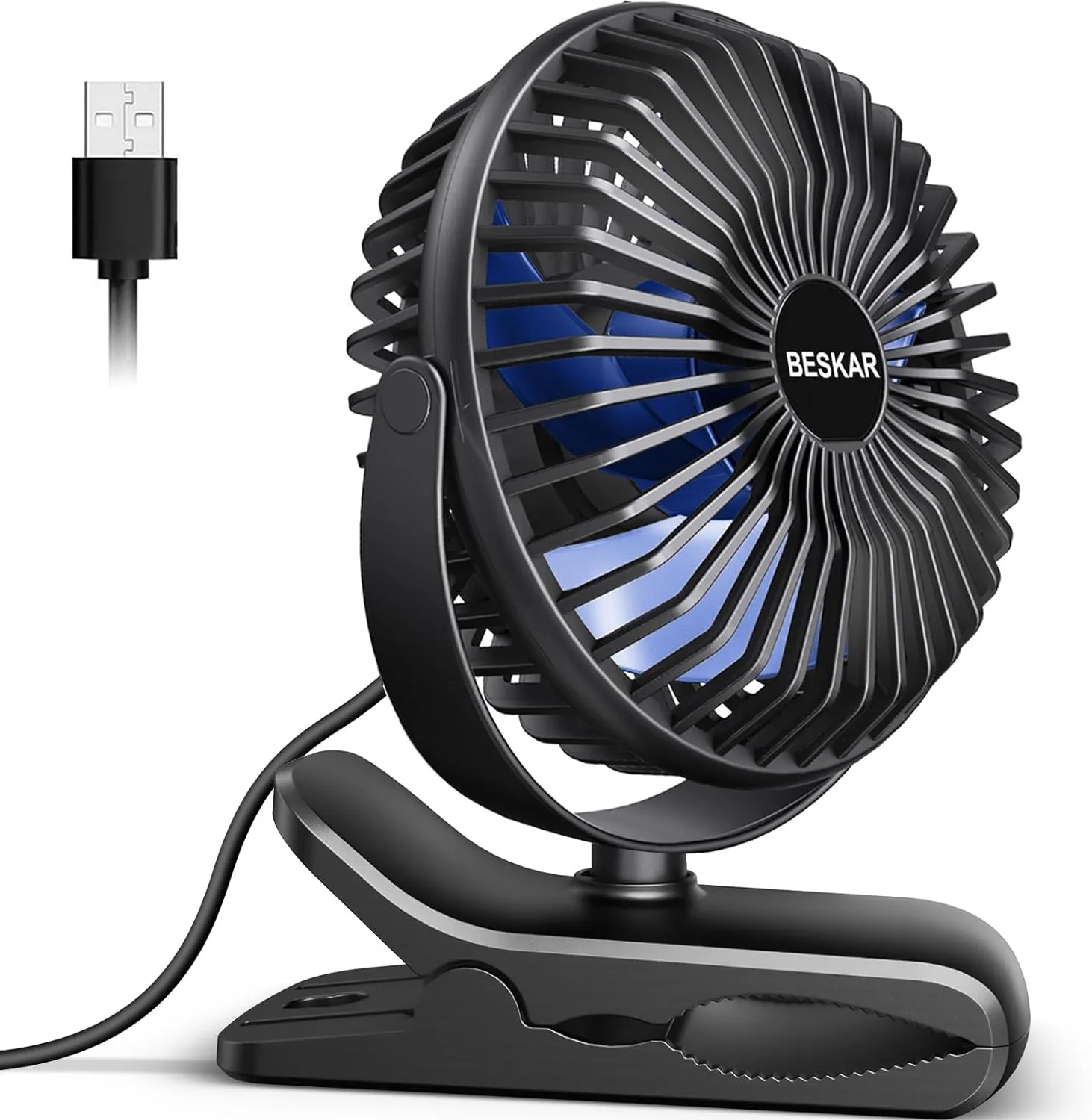 BESKAR USB Clip on Fan, Portable Small Fan with Cord Powered, 3 Speeds Strong Airflow, with Sturdy Clamp, Quiet Personal Desk Fan 360-degree rotating fan for home use