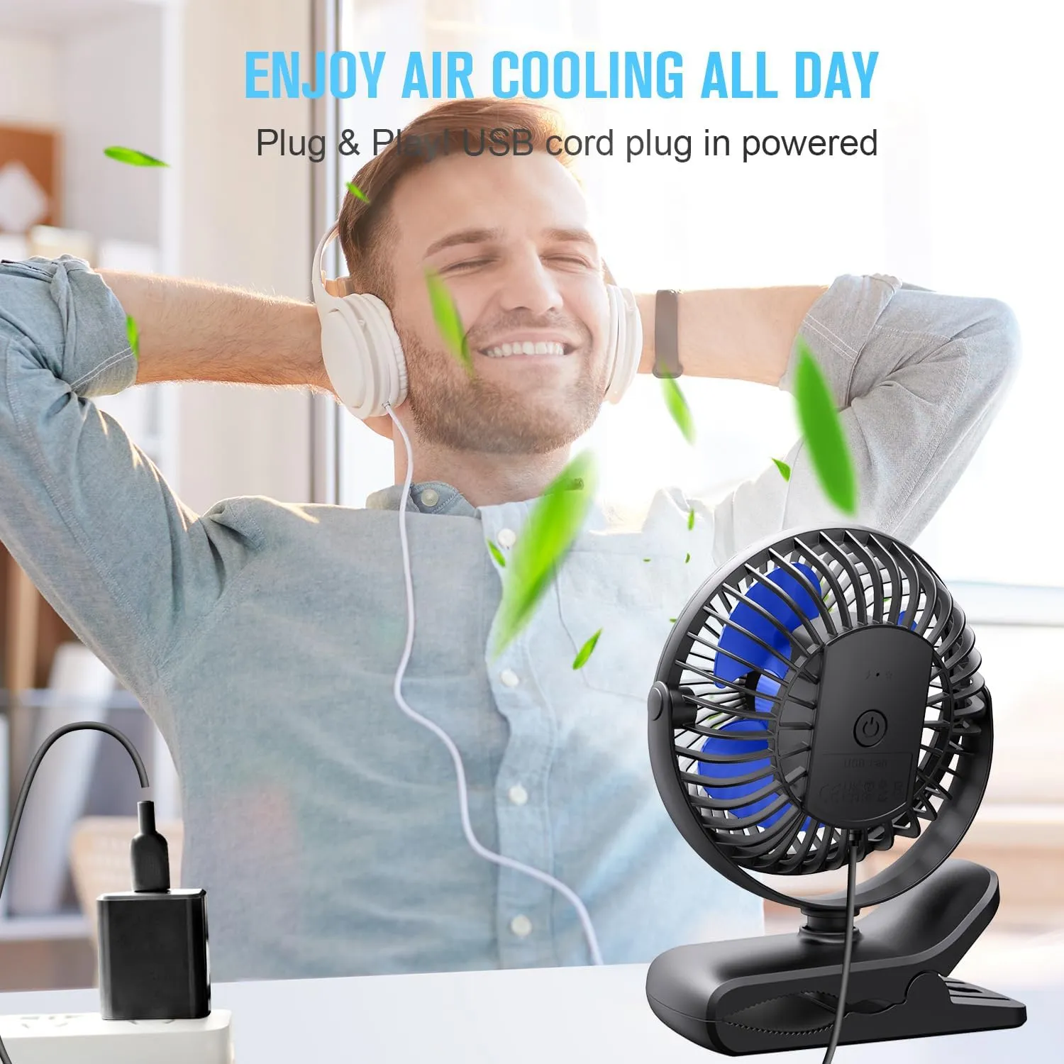 BESKAR USB Clip on Fan, Portable Small Fan with Cord Powered, 3 Speeds Strong Airflow, with Sturdy Clamp, Quiet Personal Desk Fan