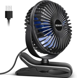 BESKAR USB Clip on Fan, Portable Small Fan with Cord Powered, 3 Speeds Strong Airflow, with Sturdy Clamp, Quiet Personal Desk Fan 360-degree rotating fan for home use