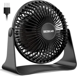 BESKAR USB Small Desk Fan, Portable Fans with 3 Speeds Strong Airflow, Quiet Operation and 360Rotate, Personal Table Fan for Home,Office, Bedroom - 3.9 ft Cord USB desktop fan for workspace