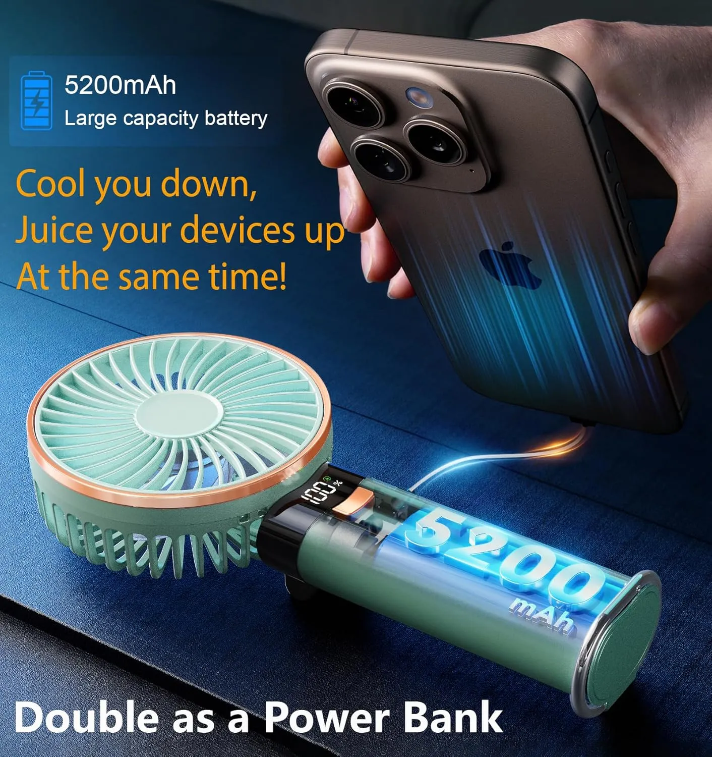 BEYYON Portable Handheld Fan, 5200mAh Metal Handle, Max20Hrs, 180 Adjustable, 6 Speeds, Electric Personal Fan Rechargeable with Power Bank for Outdoor, Makeup, Camping, Office