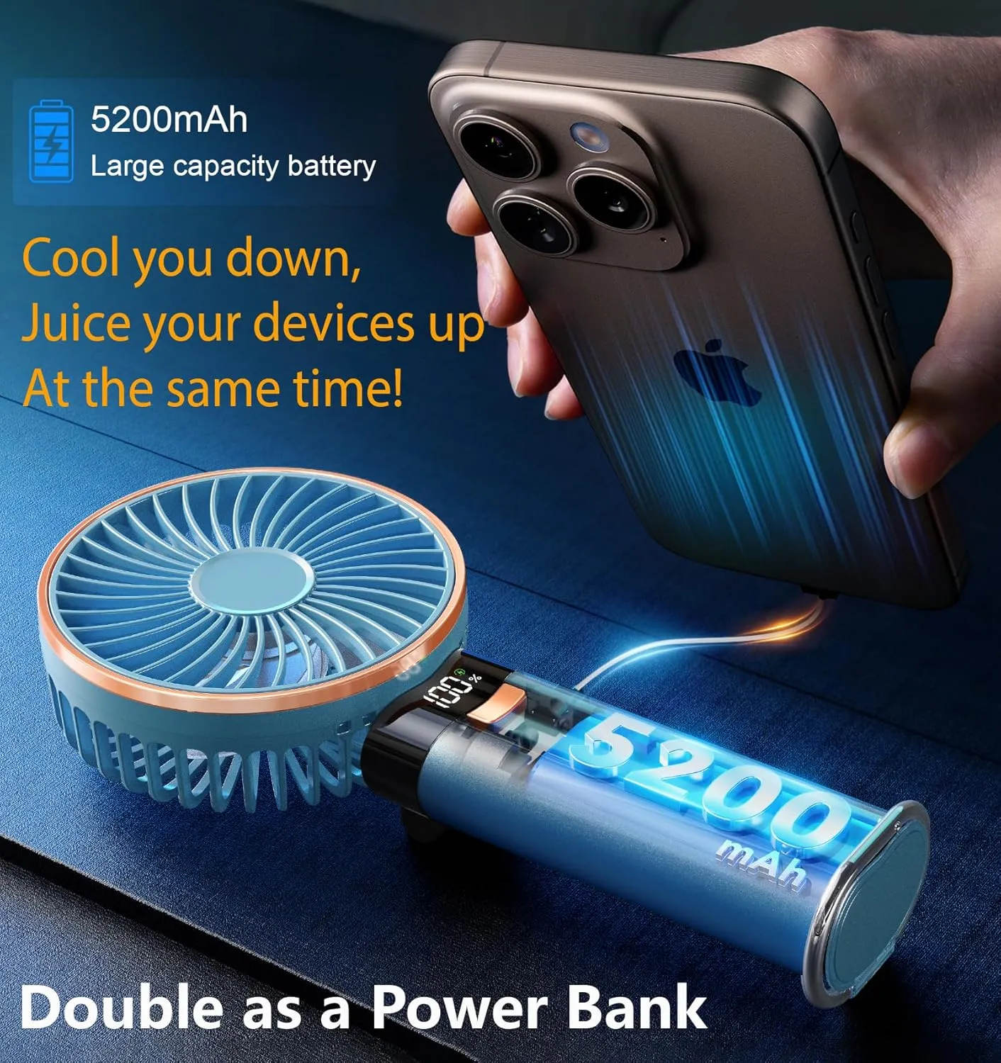 BEYYON Portable Handheld Fan, 5200mAh Metal Handle, Max20Hrs, 180 Adjustable, 6 Speeds, Electric Personal Fan Rechargeable with Power Bank for Outdoor, Makeup, Camping, Office