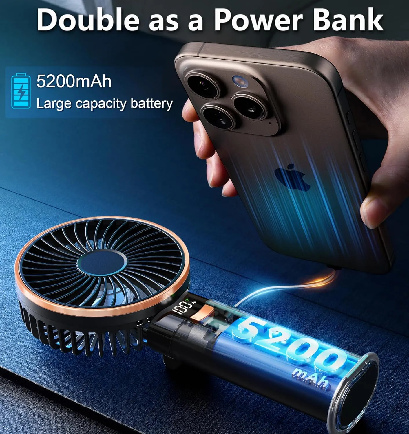 BEYYON Portable Handheld Fan, 5200mAh Metal Handle, Max20Hrs, 180 Adjustable, 6 Speeds, Electric Personal Fan Rechargeable with Power Bank for Outdoor, Makeup, Camping, Office