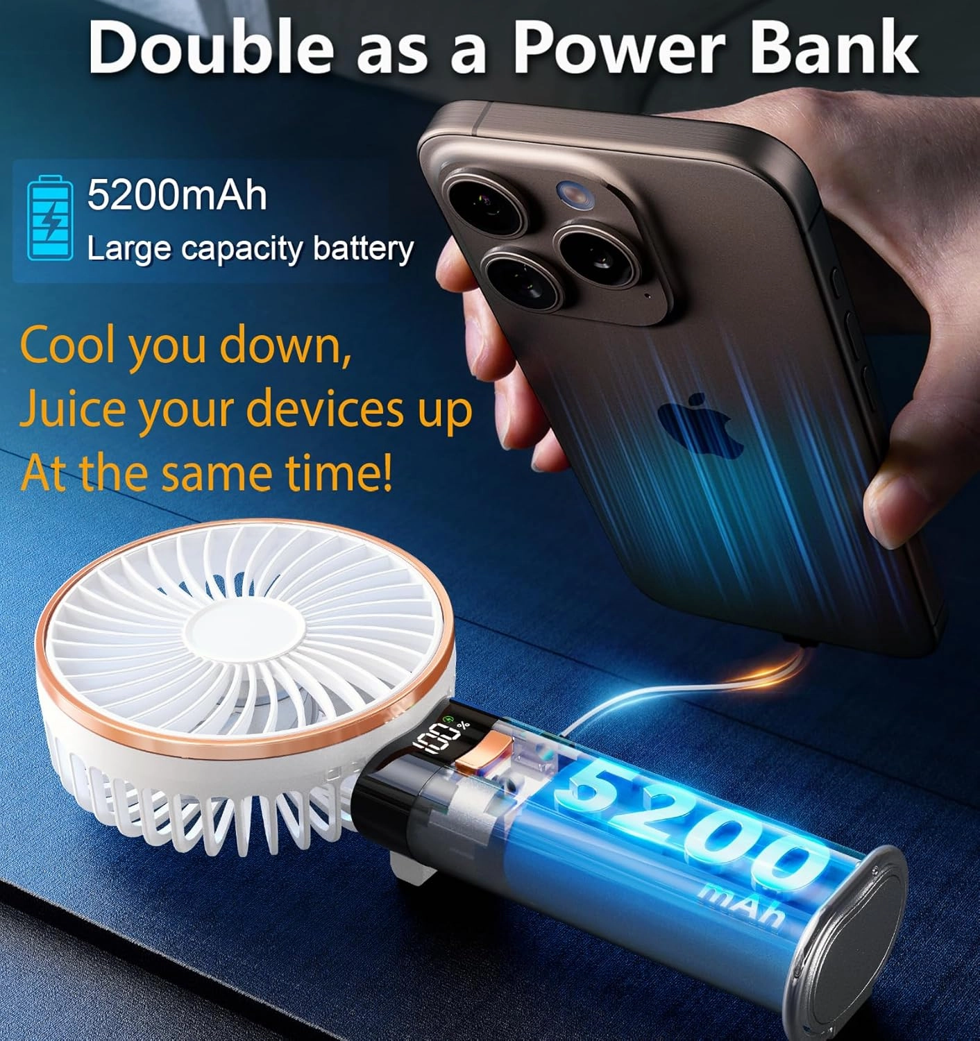 BEYYON Portable Handheld Fan, 5200mAh Metal Handle, Max20Hrs, 180 Adjustable, 6 Speeds, Electric Personal Fan Rechargeable with Power Bank for Outdoor, Makeup, Camping, Office