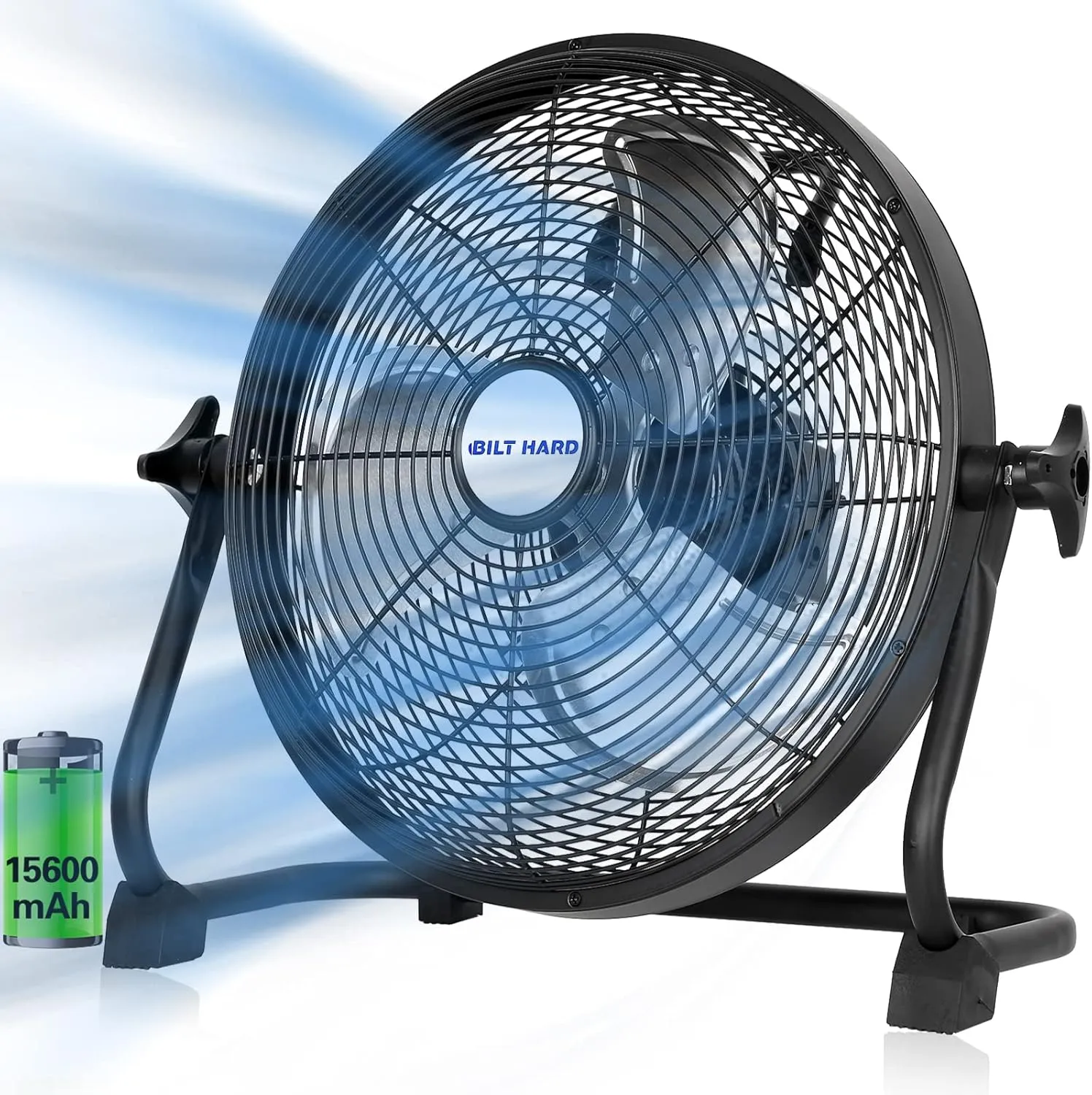 BILT HARD 12" Rechargeable Battery Operated Outdoor Floor Fan, 15600mAh Battery Powered High Velocity Portable Fan with Metal Blade, USB Output for Camping, Travel, Backyard, Run All Day Battery-powered portable fan