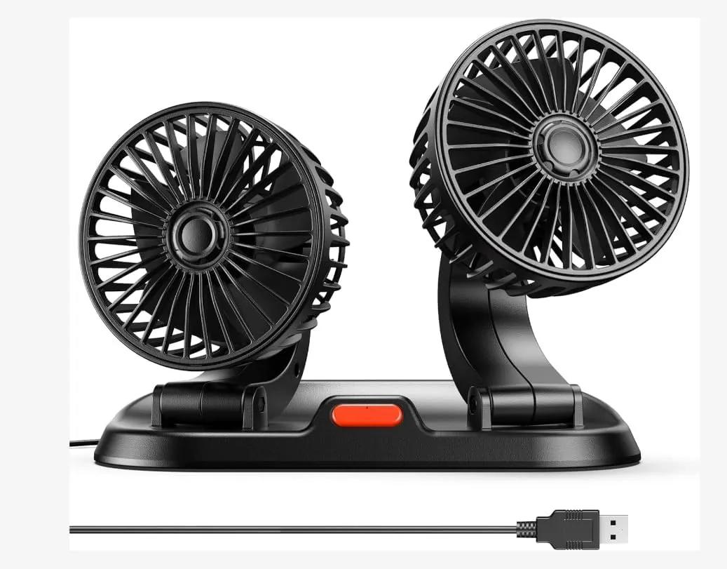Bjsquagmire Dual Head USB Car Fan for Car with Powerful Cooling 360 Rotation Stepless Speed Desk Fan for Sedan SUV RV Truck Cruise Home Office Desktop 360-degree rotating fan for home use