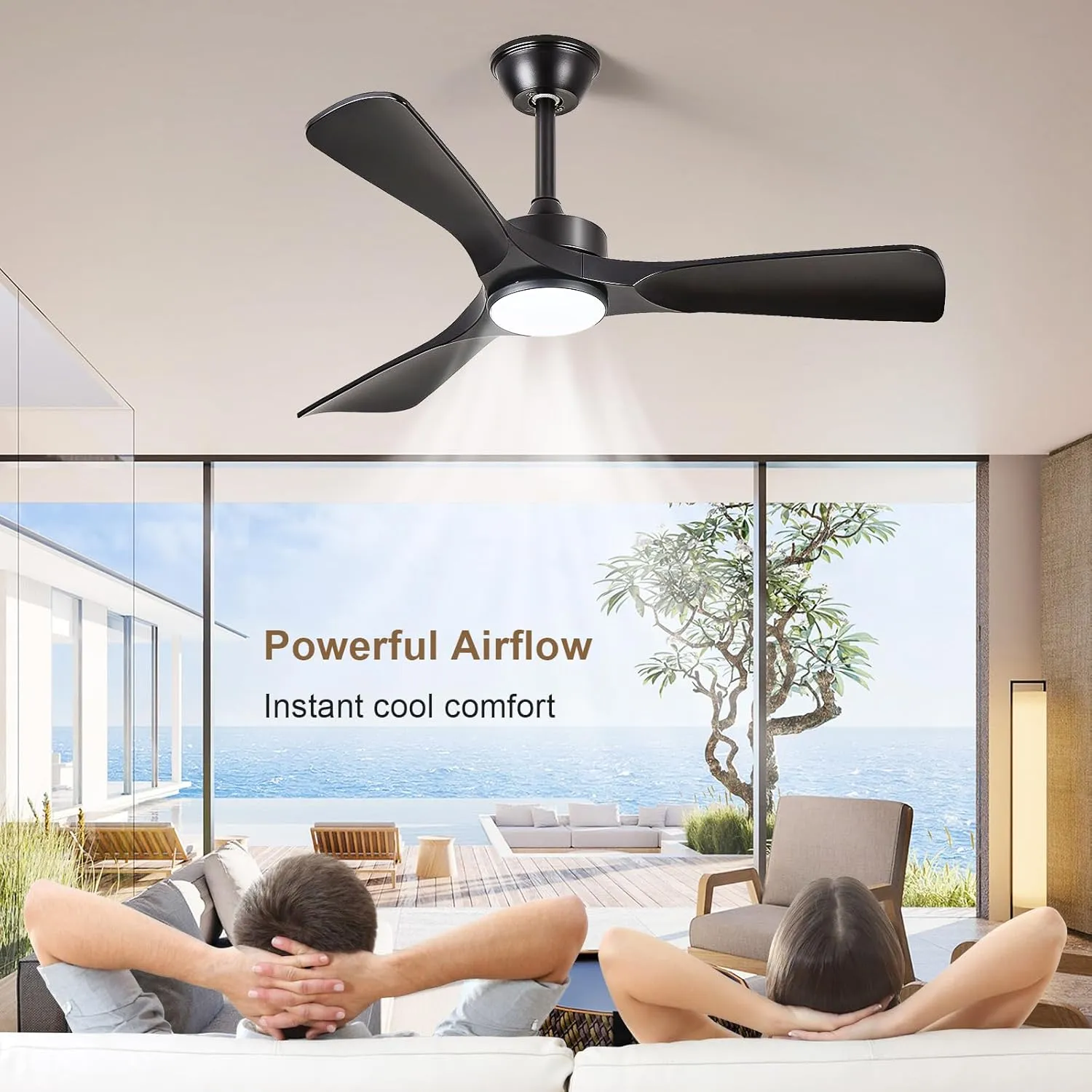 Black Ceiling Fan with Light: 42-Inch Ceiling Fan 3 Blades Low Profile Outdoor - Modern Ceiling Fans with Remote APP Control Quiet Reversible DC Motor for Patio Living Room
