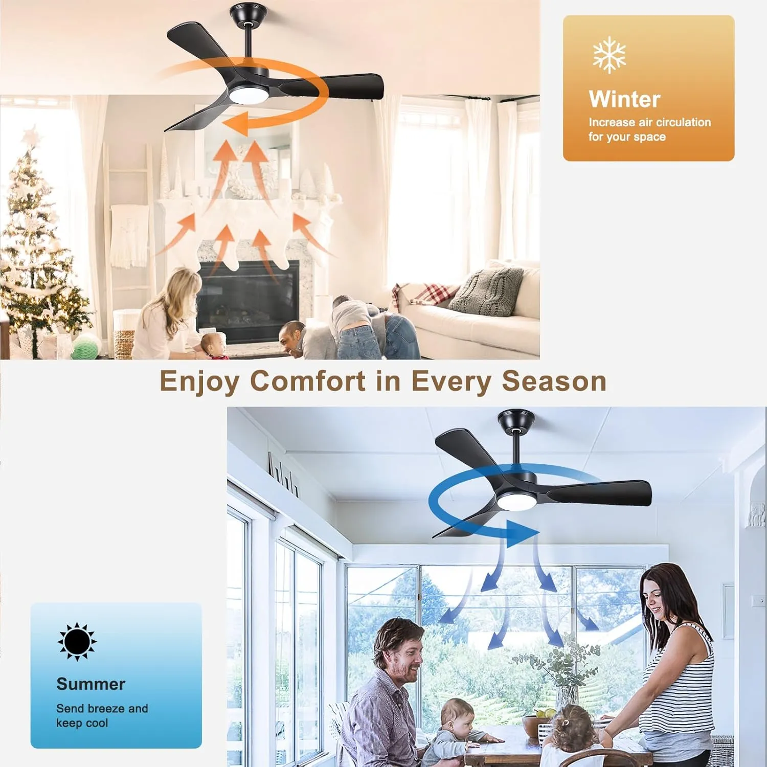 Black Ceiling Fan with Light: 42-Inch Ceiling Fan 3 Blades Low Profile Outdoor - Modern Ceiling Fans with Remote APP Control Quiet Reversible DC Motor for Patio Living Room