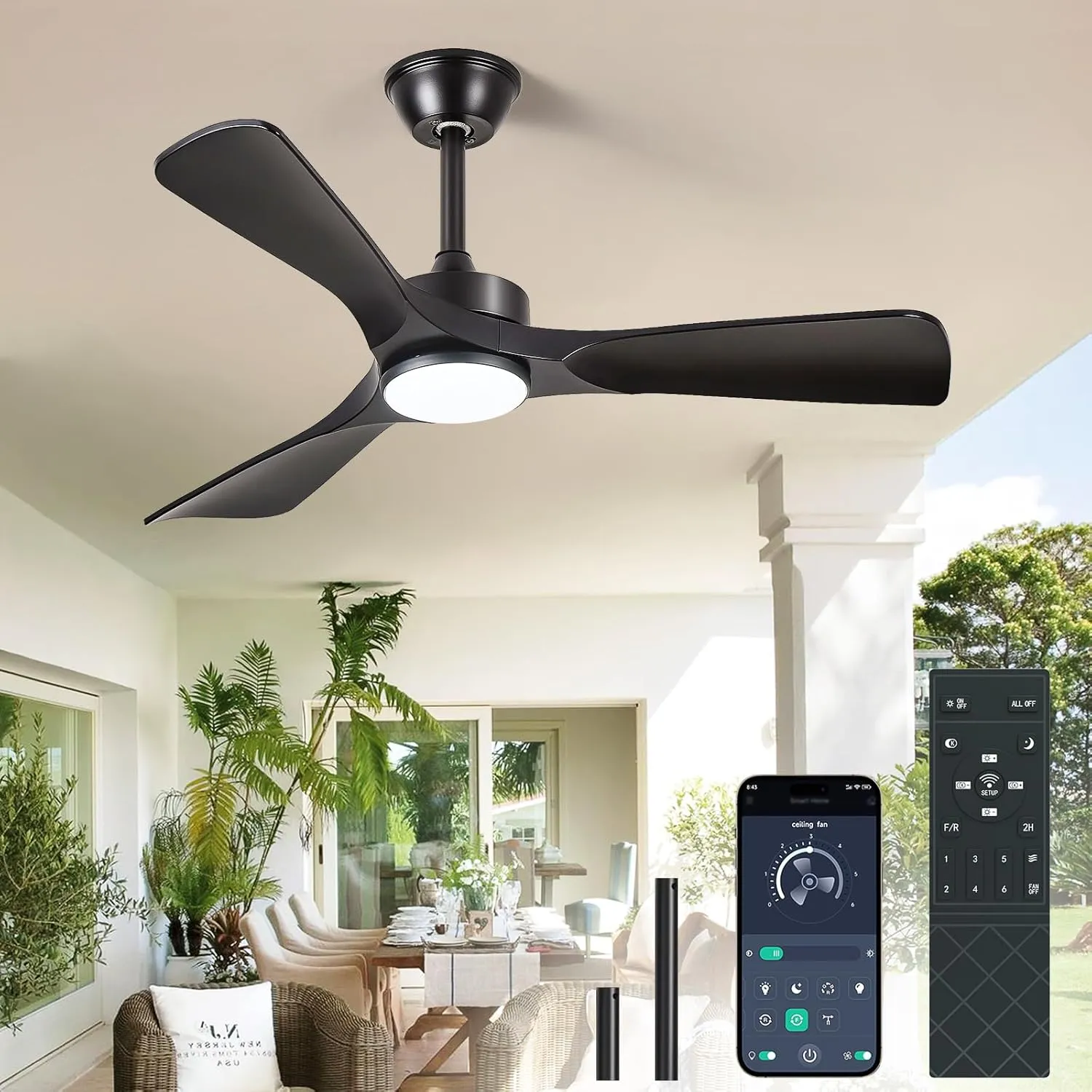 Black Ceiling Fan with Light: 42-Inch Ceiling Fan 3 Blades Low Profile Outdoor - Modern Ceiling Fans with Remote APP Control Quiet Reversible DC Motor for Patio Living Room App-controlled remote fan for convenience