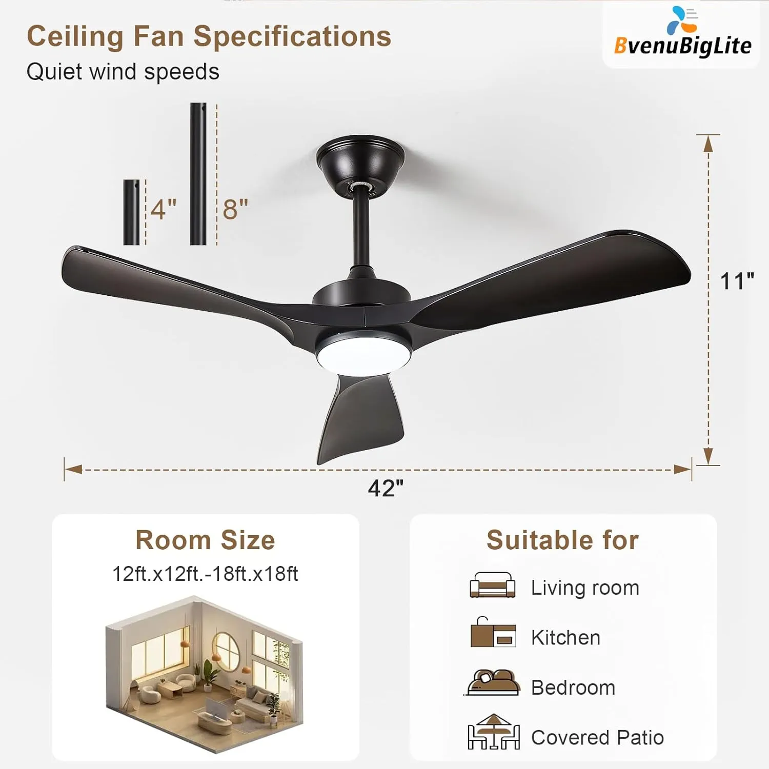 Black Ceiling Fan with Light: 42-Inch Ceiling Fan 3 Blades Low Profile Outdoor - Modern Ceiling Fans with Remote APP Control Quiet Reversible DC Motor for Patio Living Room