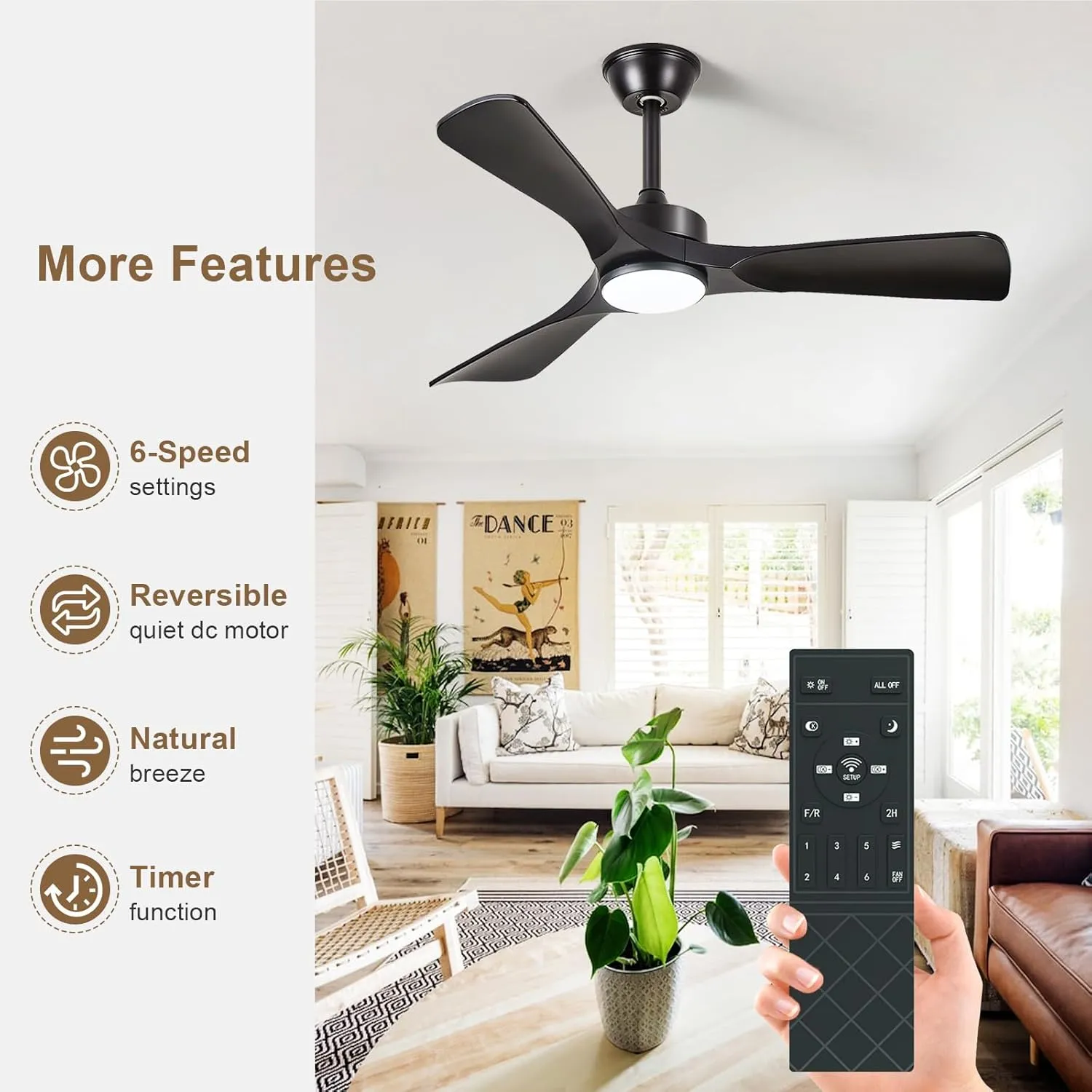 Black Ceiling Fan with Light: 42-Inch Ceiling Fan 3 Blades Low Profile Outdoor - Modern Ceiling Fans with Remote APP Control Quiet Reversible DC Motor for Patio Living Room