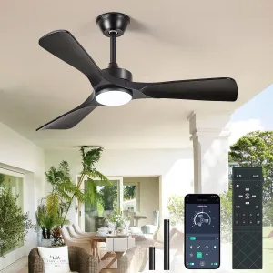 Black Ceiling Fan with Light: 42-Inch Ceiling Fan 3 Blades Low Profile Outdoor - Modern Ceiling Fans with Remote APP Control Quiet Reversible DC Motor for Patio Living Room App-controlled remote fan for convenience