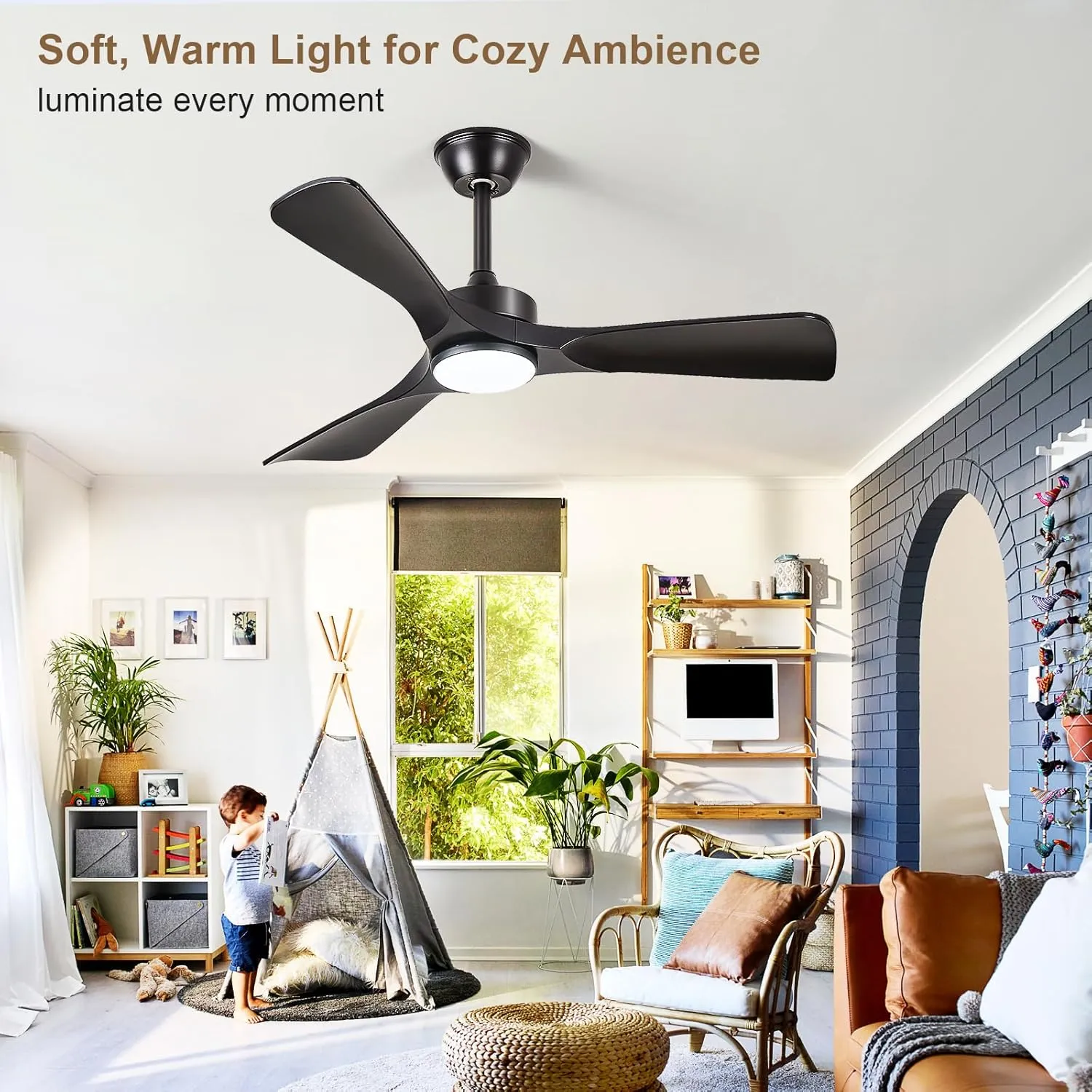 Black Ceiling Fan with Light: 42-Inch Ceiling Fan 3 Blades Low Profile Outdoor - Modern Ceiling Fans with Remote APP Control Quiet Reversible DC Motor for Patio Living Room