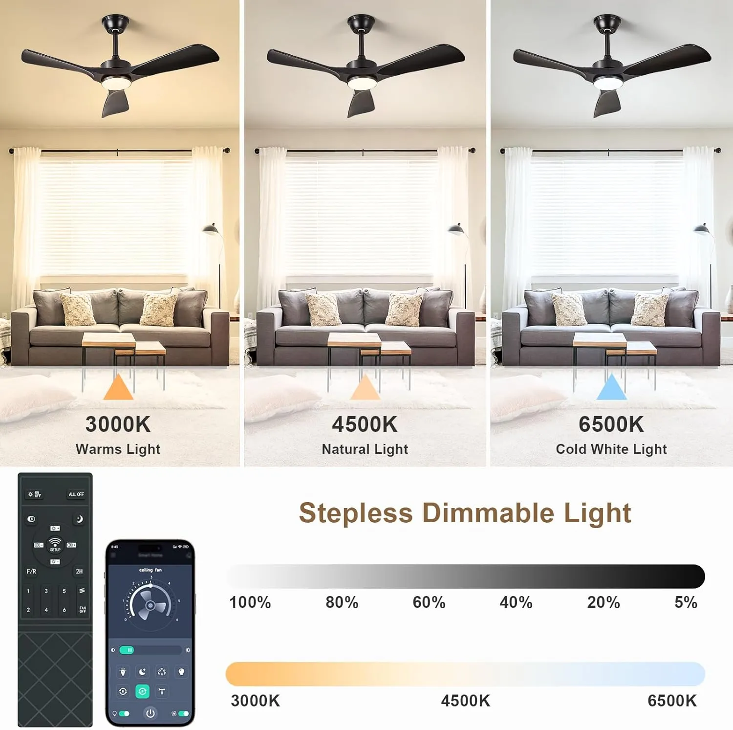 Black Ceiling Fan with Light: 42-Inch Ceiling Fan 3 Blades Low Profile Outdoor - Modern Ceiling Fans with Remote APP Control Quiet Reversible DC Motor for Patio Living Room