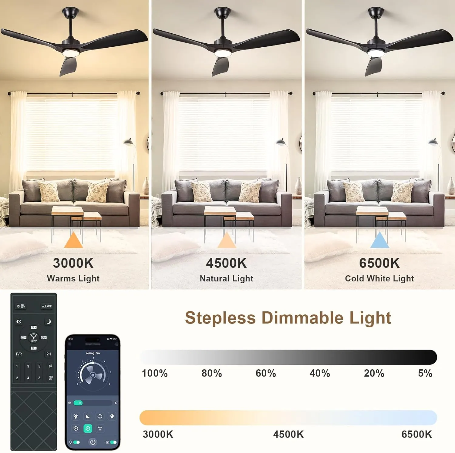Black Ceiling Fan with Light: 52-Inch Ceiling Fan 3 Blades Low Profile Outdoor - Modern Ceiling Fans with Remote APP Control Quiet Reversible DC Motor for Patio Living Room