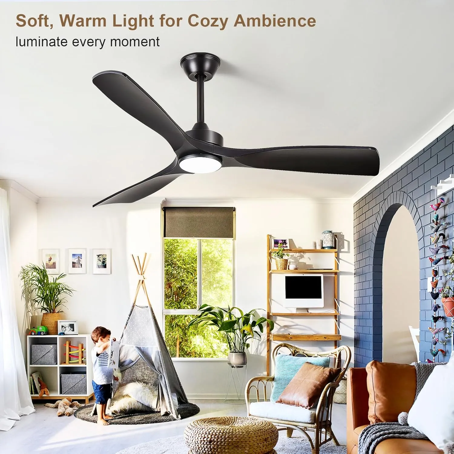 Black Ceiling Fan with Light: 52-Inch Ceiling Fan 3 Blades Low Profile Outdoor - Modern Ceiling Fans with Remote APP Control Quiet Reversible DC Motor for Patio Living Room