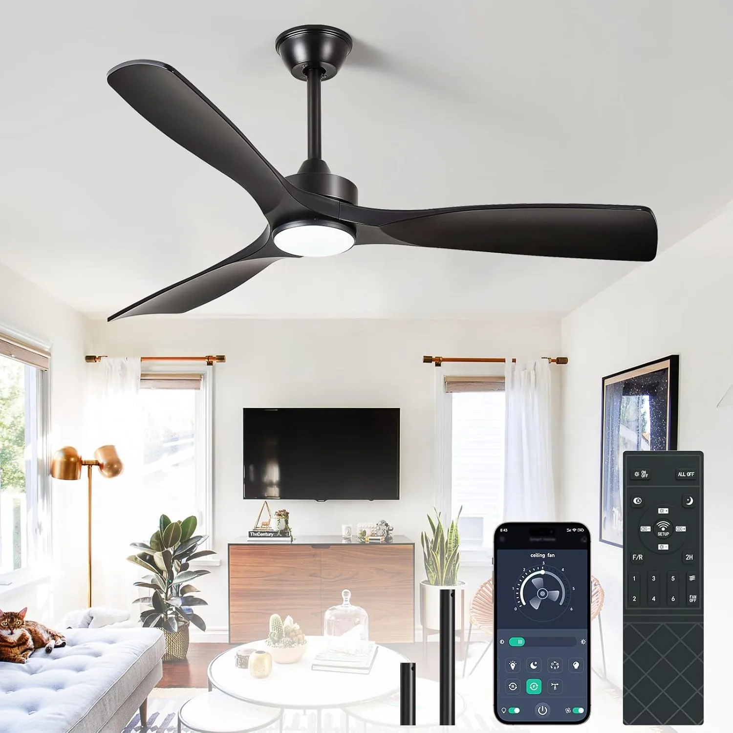 Black Ceiling Fan with Light: 52-Inch Ceiling Fan 3 Blades Low Profile Outdoor - Modern Ceiling Fans with Remote APP Control Quiet Reversible DC Motor for Patio Living Room App-controlled remote fan for convenience