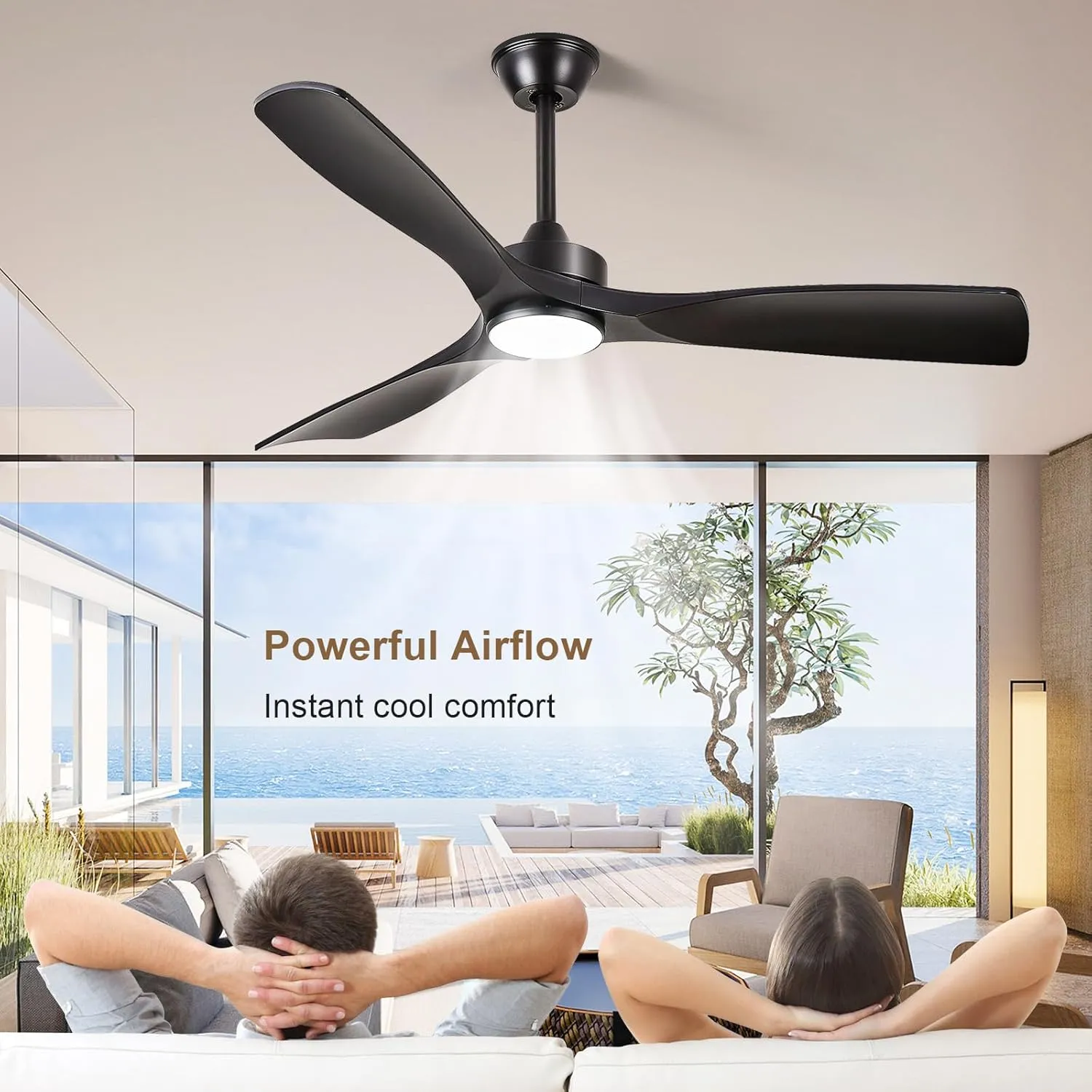 Black Ceiling Fan with Light: 52-Inch Ceiling Fan 3 Blades Low Profile Outdoor - Modern Ceiling Fans with Remote APP Control Quiet Reversible DC Motor for Patio Living Room