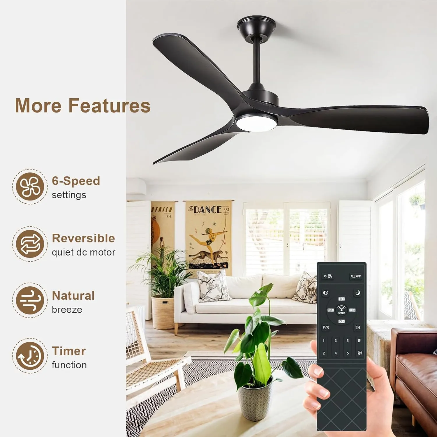 Black Ceiling Fan with Light: 52-Inch Ceiling Fan 3 Blades Low Profile Outdoor - Modern Ceiling Fans with Remote APP Control Quiet Reversible DC Motor for Patio Living Room