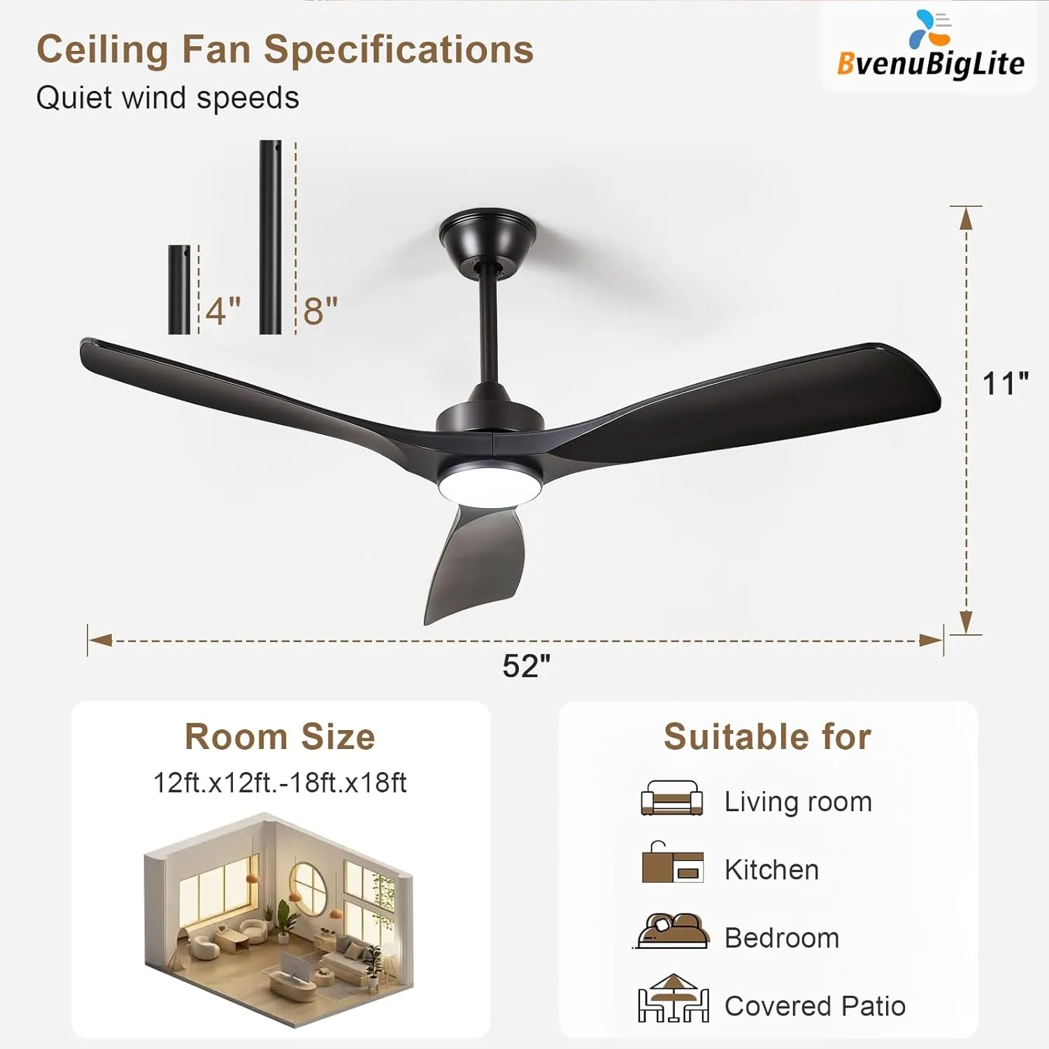 Black Ceiling Fan with Light: 52-Inch Ceiling Fan 3 Blades Low Profile Outdoor - Modern Ceiling Fans with Remote APP Control Quiet Reversible DC Motor for Patio Living Room
