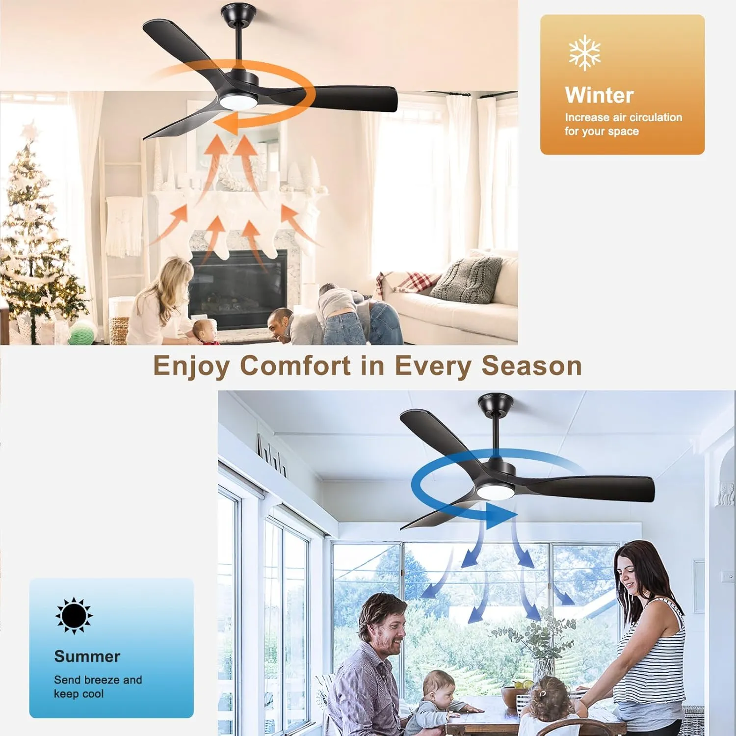 Black Ceiling Fan with Light: 52-Inch Ceiling Fan 3 Blades Low Profile Outdoor - Modern Ceiling Fans with Remote APP Control Quiet Reversible DC Motor for Patio Living Room