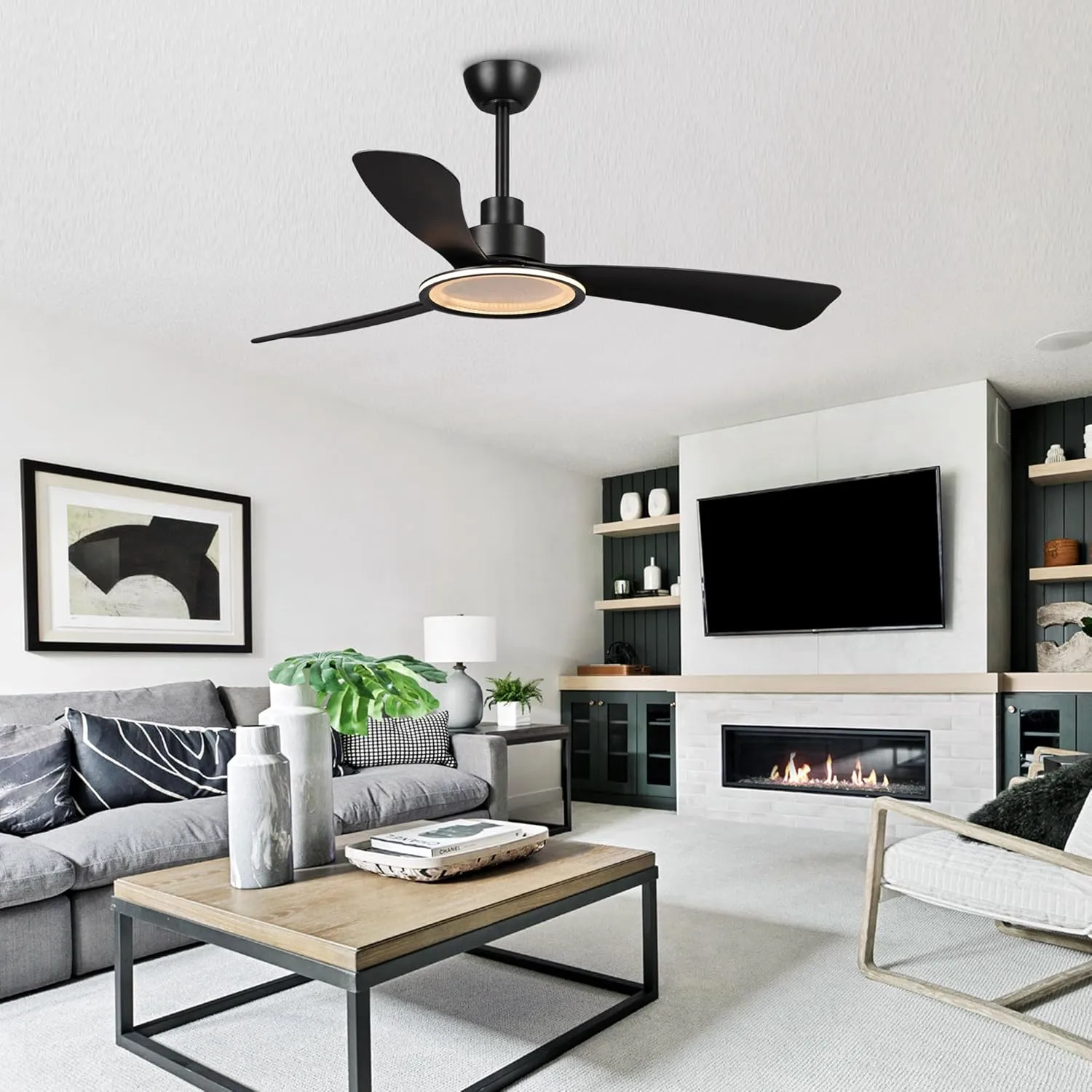 Black Ceiling Fans with Lights and Remote, 52 inch Ceiling Fan with Light, Quiet Reversible DC Motor, 3CCT, 6 Speeds Indoor & Outdoor Modern Unique Bedroom Ceiling Fan