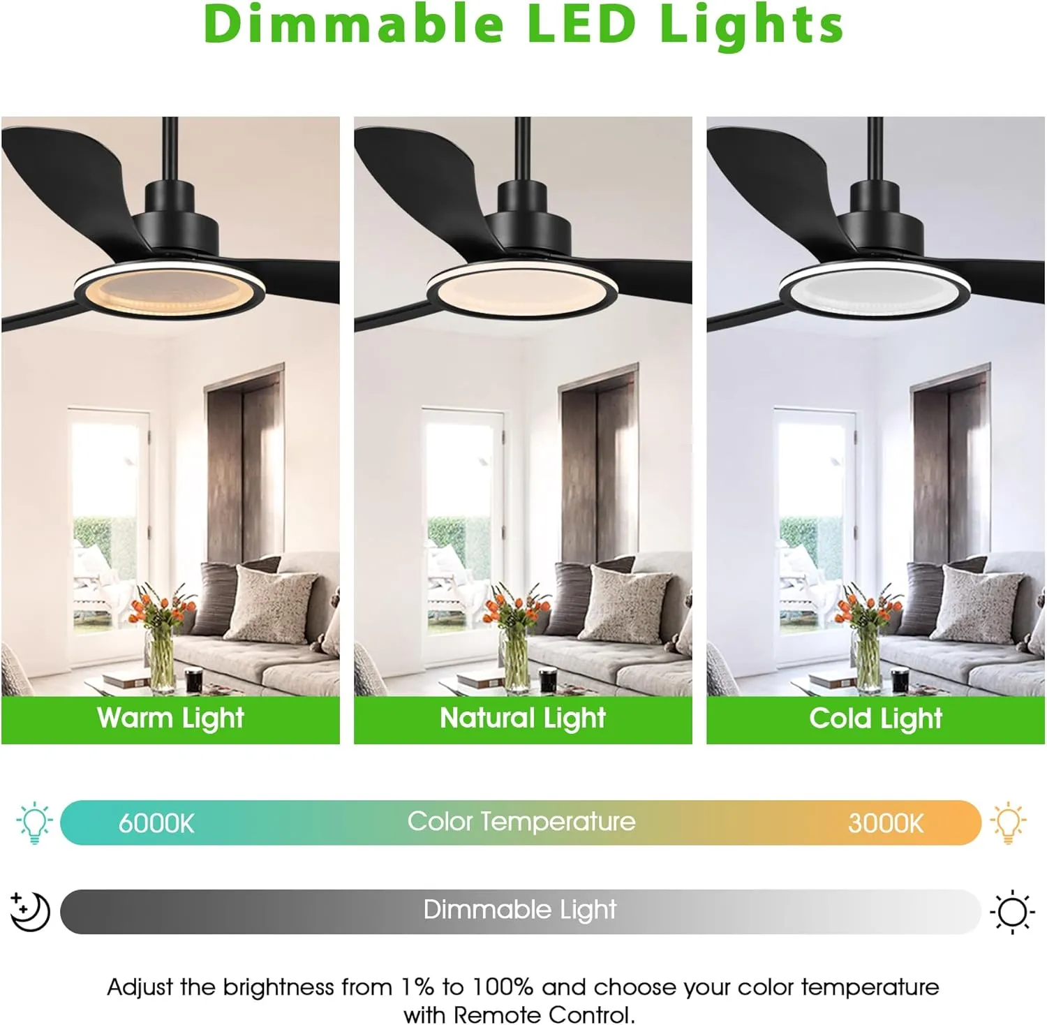 Black Ceiling Fans with Lights and Remote, 52 inch Ceiling Fan with Light, Quiet Reversible DC Motor, 3CCT, 6 Speeds Indoor & Outdoor Modern Unique Bedroom Ceiling Fan