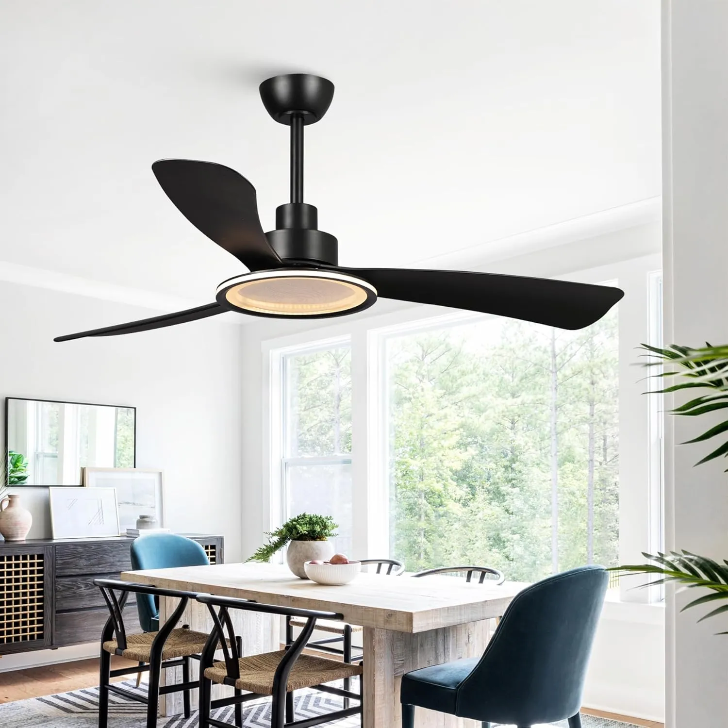 Black Ceiling Fans with Lights and Remote, 52 inch Ceiling Fan with Light, Quiet Reversible DC Motor, 3CCT, 6 Speeds Indoor & Outdoor Modern Unique Bedroom Ceiling Fan Fan with safety blade design