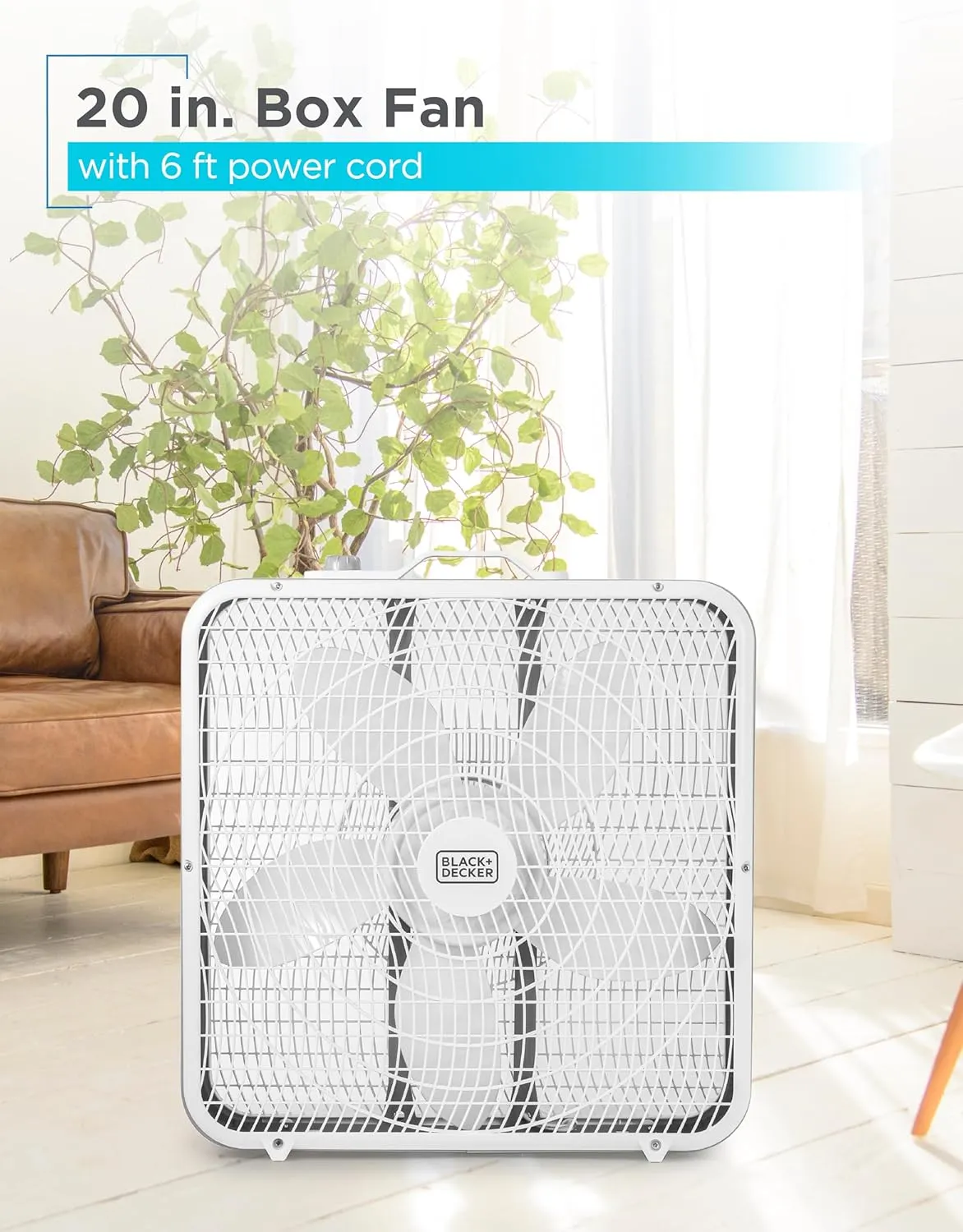 BLACK DECKER Box Fan with 3 Speed Settings, 20 Box Fan with Carrying Handle, Rotary Knob and Recessed Cord Storage, Portable Fan and Cooling Fan for Home, Office, Garage, Basement & More