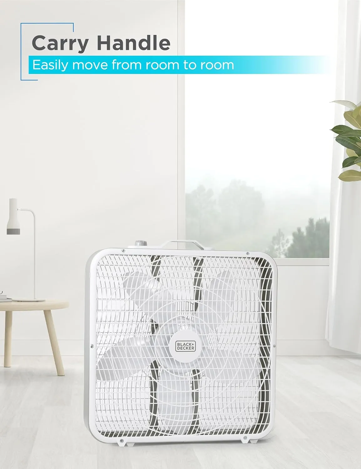 BLACK DECKER Box Fan with 3 Speed Settings, 20 Box Fan with Carrying Handle, Rotary Knob and Recessed Cord Storage, Portable Fan and Cooling Fan for Home, Office, Garage, Basement & More