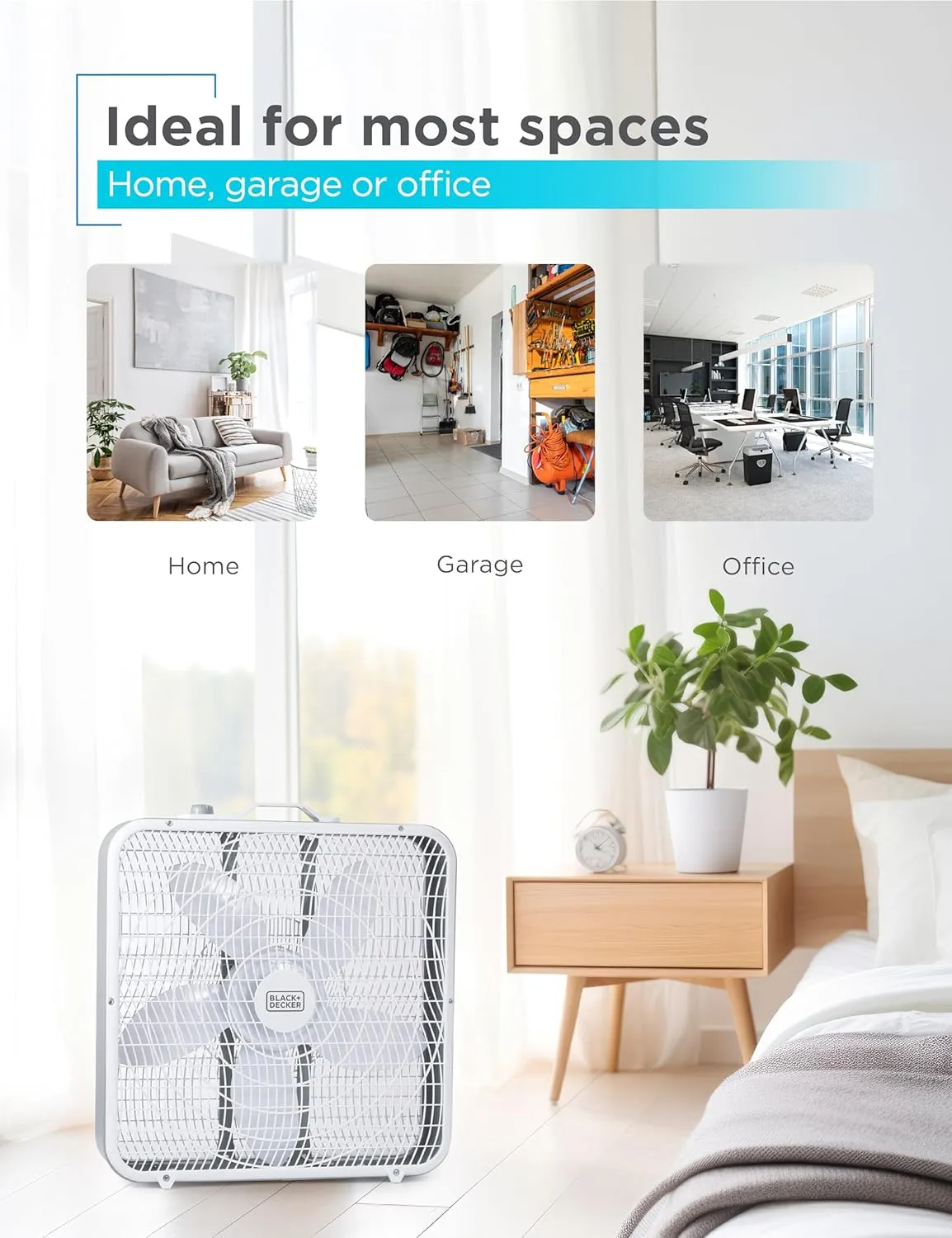 BLACK DECKER Box Fan with 3 Speed Settings, 20 Box Fan with Carrying Handle, Rotary Knob and Recessed Cord Storage, Portable Fan and Cooling Fan for Home, Office, Garage, Basement & More