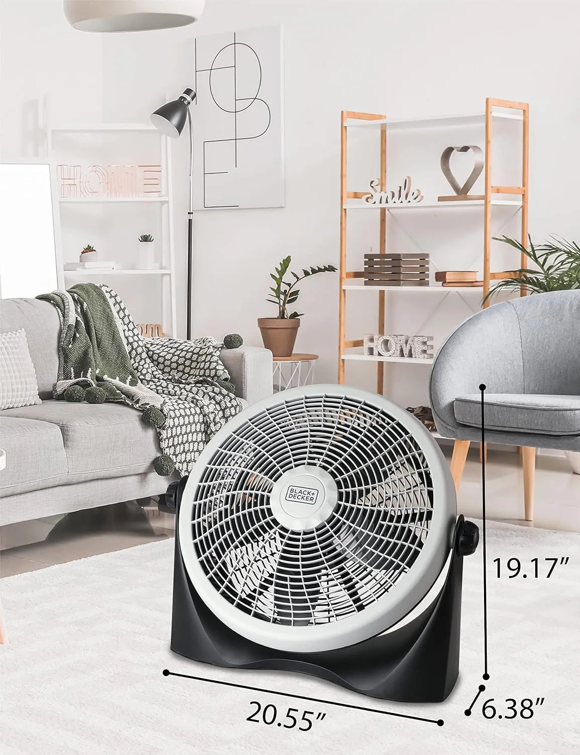 BLACK DECKER High Velocity Floor Fan, 15.6" Diameter Freestanding Fan, 5 Plastic Blades, 3-Speeds, 90-Degree Tilt Adjustment, For Use In Bedroom, Home or Office, 5.5 lbs., Gray/Black, BFF16B