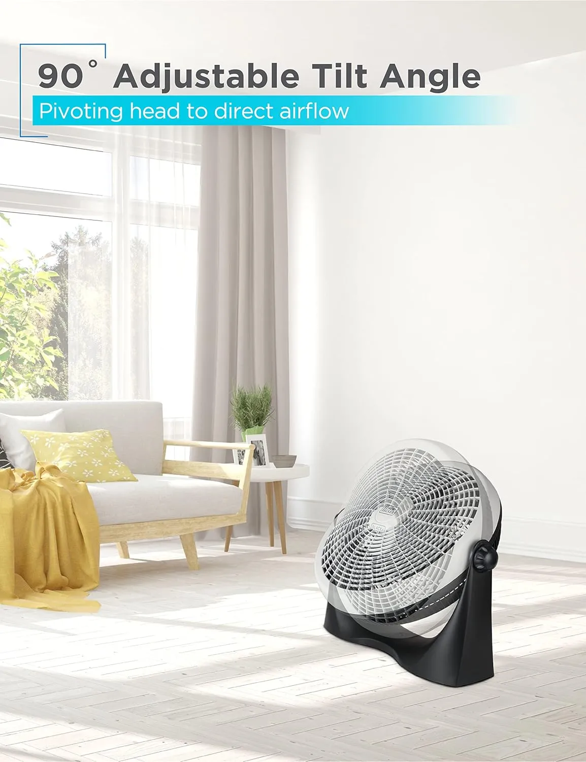 BLACK DECKER High Velocity Floor Fan, 15.6" Diameter Freestanding Fan, 5 Plastic Blades, 3-Speeds, 90-Degree Tilt Adjustment, For Use In Bedroom, Home or Office, 5.5 lbs., Gray/Black, BFF16B