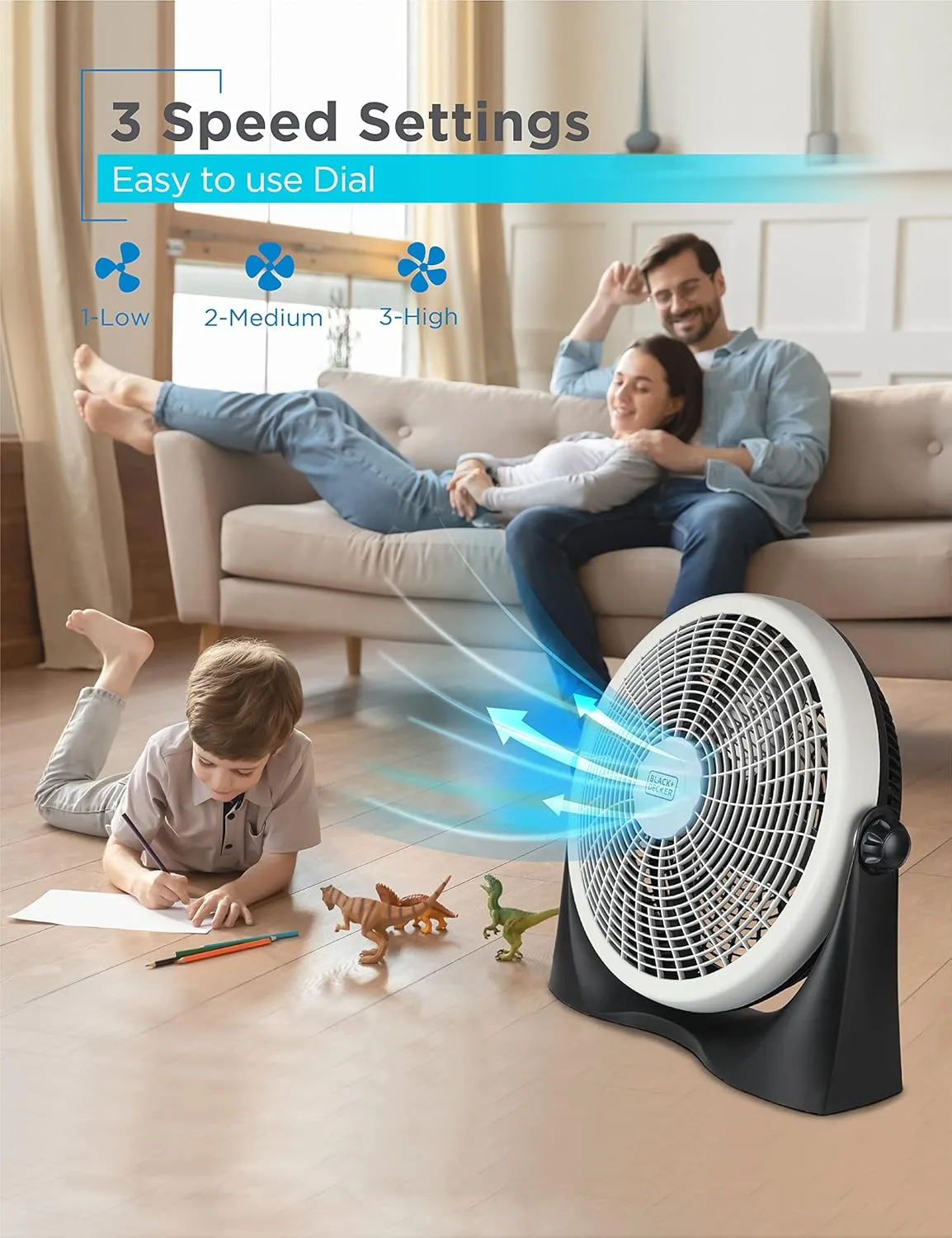 BLACK DECKER High Velocity Floor Fan, 15.6" Diameter Freestanding Fan, 5 Plastic Blades, 3-Speeds, 90-Degree Tilt Adjustment, For Use In Bedroom, Home or Office, 5.5 lbs., Gray/Black, BFF16B