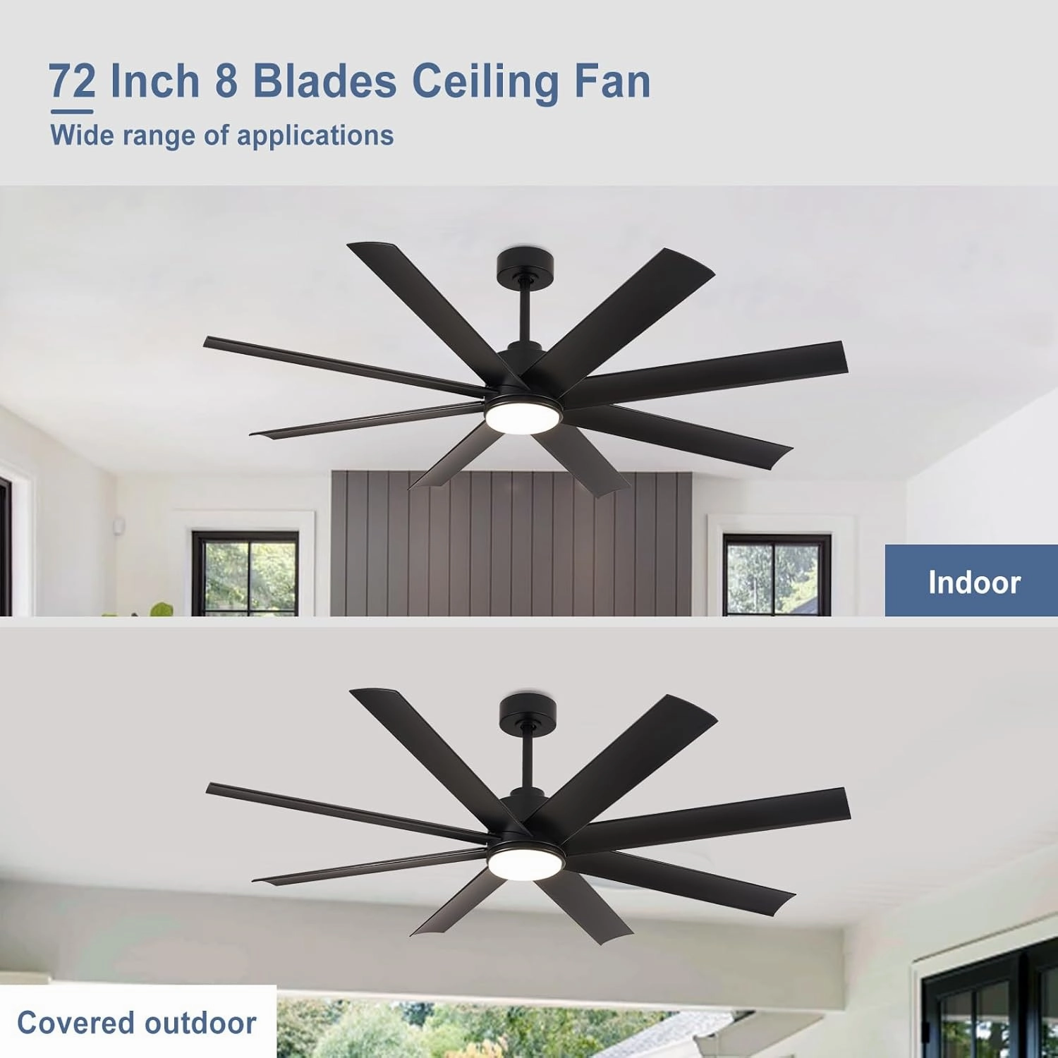 Black Ceiling Fan for Outdoor: 72 Inch Ceiling Fan with Remote 8 Blades 5-Speed Reversible DC Motor - Large Ceiling Fans for Indoor Living Room Farmhouse
