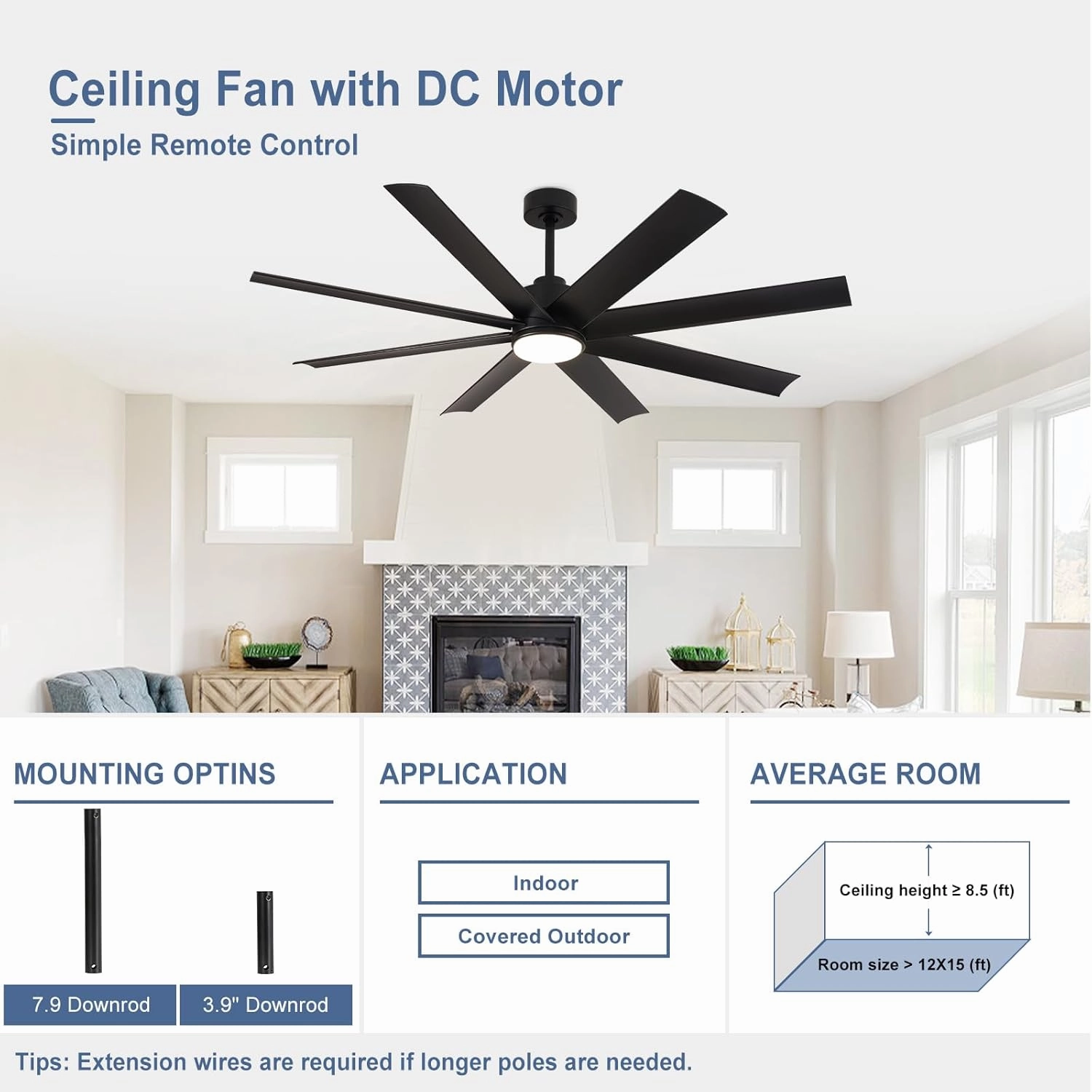 Black Ceiling Fan for Outdoor: 72 Inch Ceiling Fan with Remote 8 Blades 5-Speed Reversible DC Motor - Large Ceiling Fans for Indoor Living Room Farmhouse