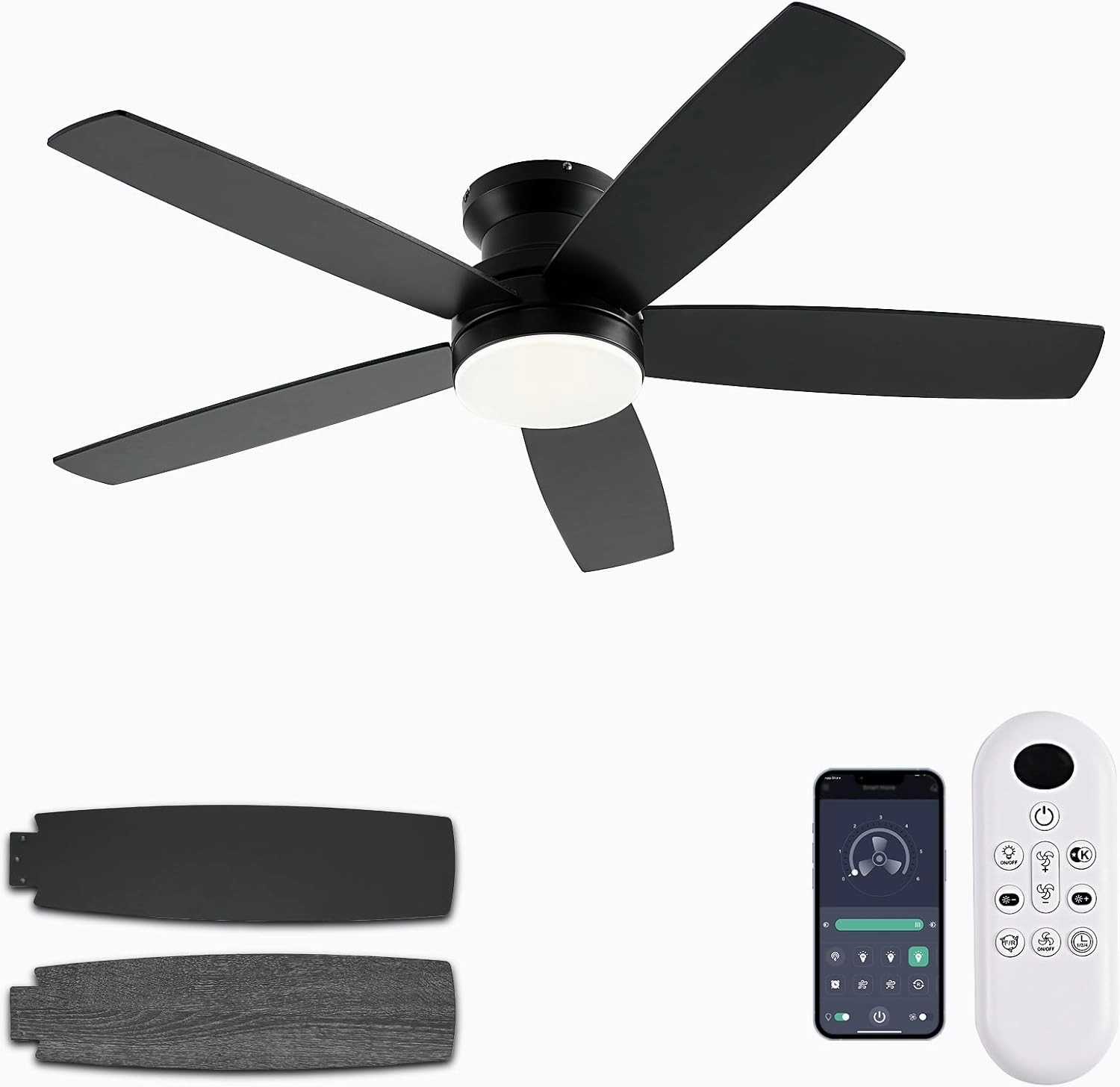 Black Ceiling Fans with Lights, 48Inch Low Profile Ceiling Fan with Light and Remote/App Control, Flush Mount, Reversible DC Motor, 3CCT Dimmable led, Modern Ceiling Fan for Indoor/Outdoor Use App-controlled remote fan for convenience