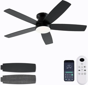 Black Ceiling Fans with Lights, 48Inch Low Profile Ceiling Fan with Light and Remote/App Control, Flush Mount, Reversible DC Motor, 3CCT Dimmable led, Modern Ceiling Fan for Indoor/Outdoor Use App-controlled remote fan for convenience