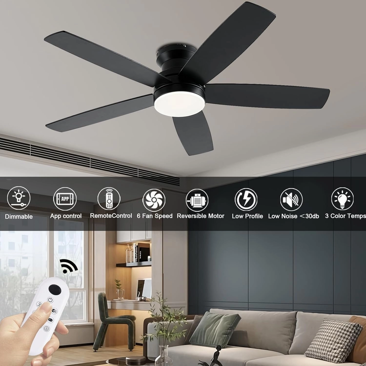 Black Ceiling Fans with Lights, 48Inch Low Profile Ceiling Fan with Light and Remote/App Control, Flush Mount, Reversible DC Motor, 3CCT Dimmable led, Modern Ceiling Fan for Indoor/Outdoor Use