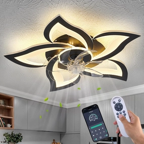 Black Flower Modern CeilingFans with Lights, Low Profile Ceiling Fan with Remote for Bedroom, Flush Mount Ceiling Fan with LED Dimmable Light,6-Speeds, Timing CeilingFan Light App-controlled remote fan for convenience