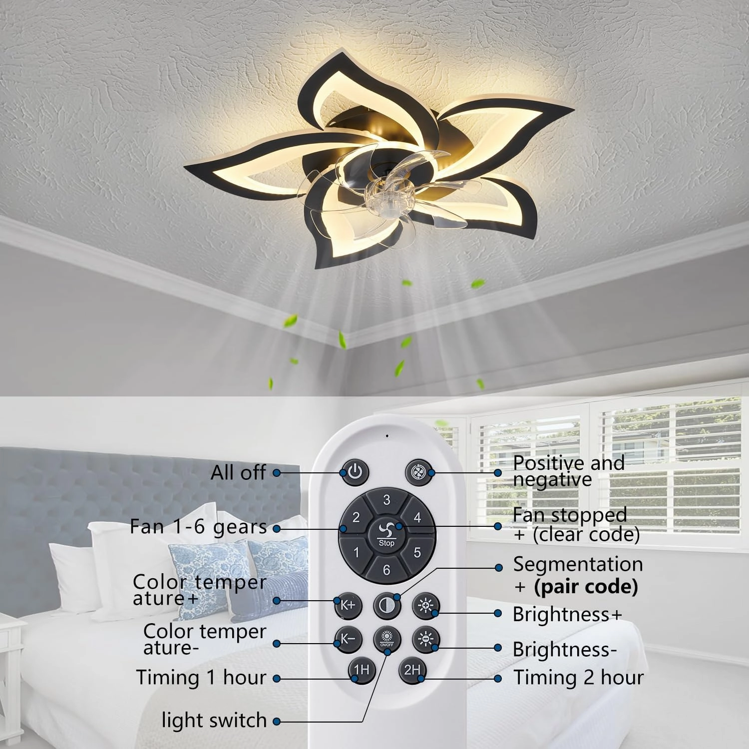 Black Flower Modern CeilingFans with Lights, Low Profile Ceiling Fan with Remote for Bedroom, Flush Mount Ceiling Fan with LED Dimmable Light,6-Speeds, Timing CeilingFan Light