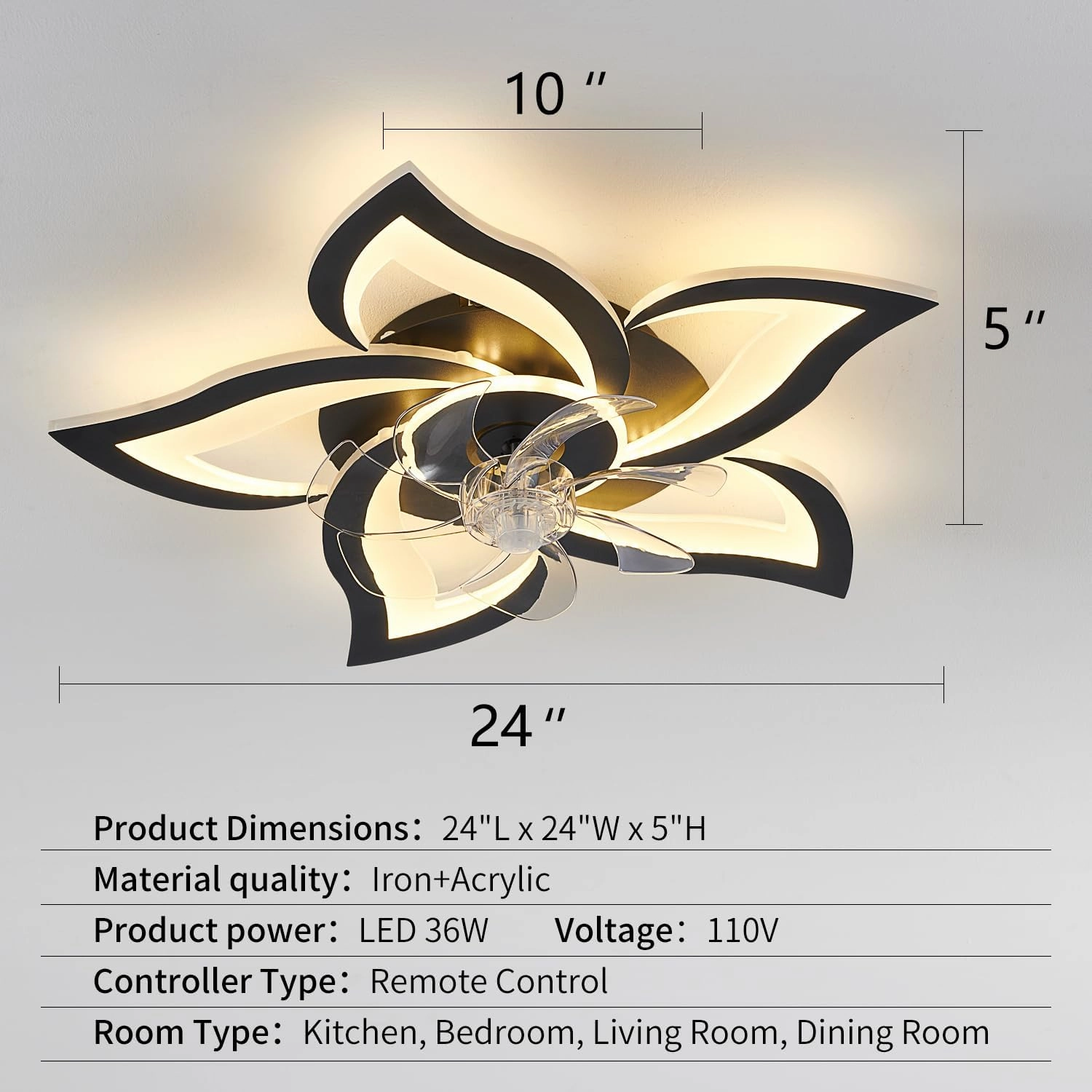 Black Flower Modern CeilingFans with Lights, Low Profile Ceiling Fan with Remote for Bedroom, Flush Mount Ceiling Fan with LED Dimmable Light,6-Speeds, Timing CeilingFan Light