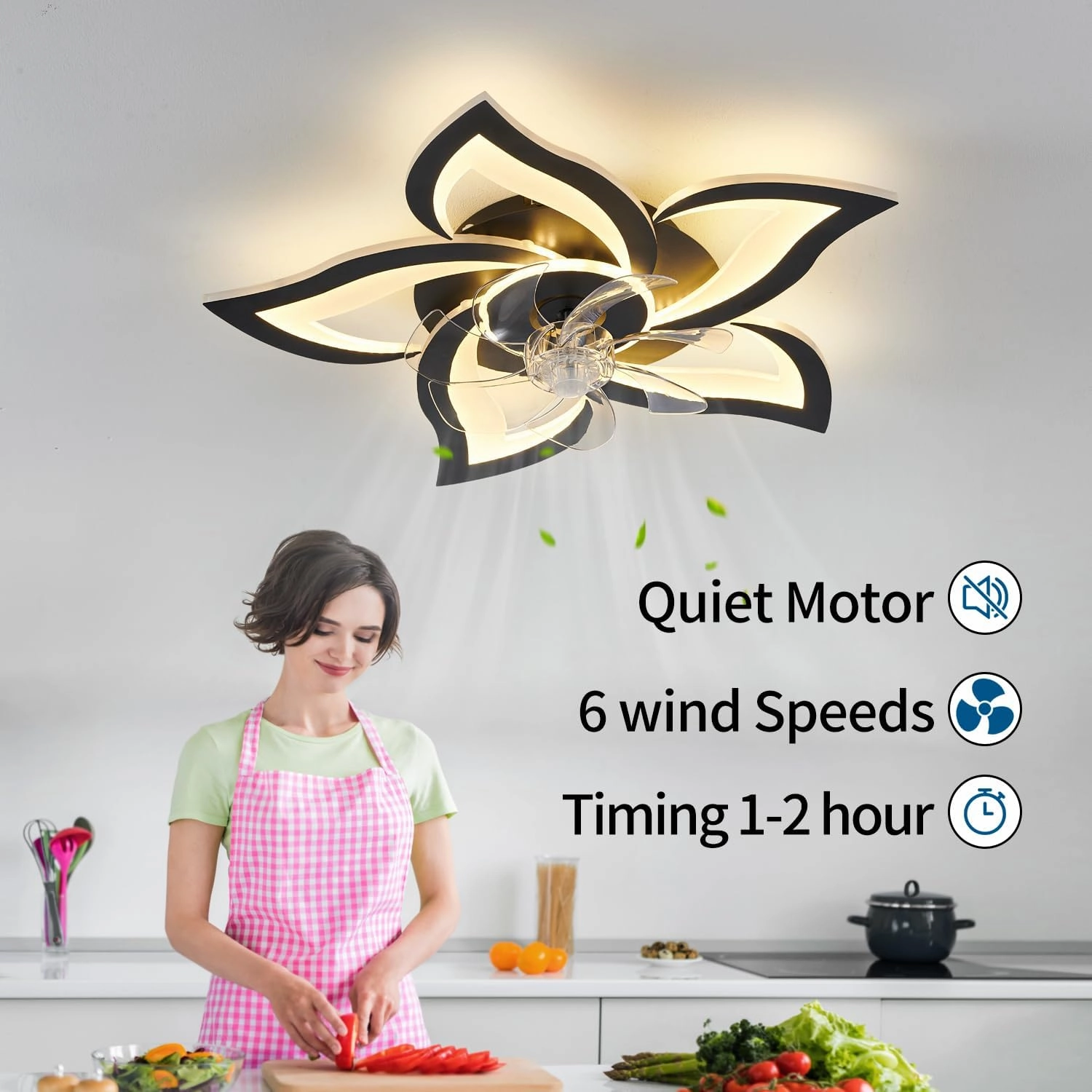 Black Flower Modern CeilingFans with Lights, Low Profile Ceiling Fan with Remote for Bedroom, Flush Mount Ceiling Fan with LED Dimmable Light,6-Speeds, Timing CeilingFan Light
