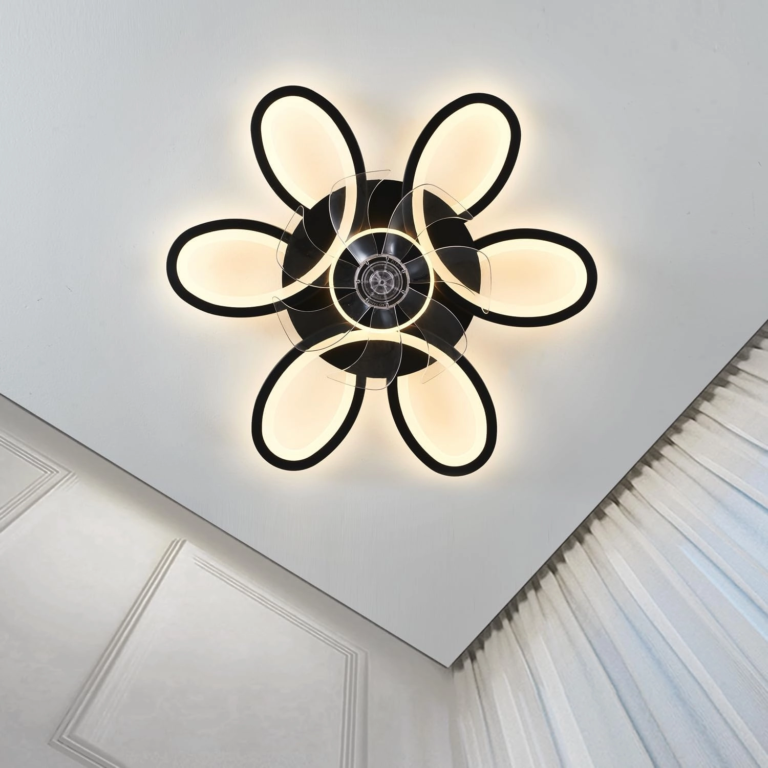 Black-Star ring Ceiling Fans with Lights and Remote, 27 Inch Modern Low Profile Flush Mount Ceiling Fan, Dimmable LED Ceiling Light Fixture, Small Ceiling Fans for Bedroom, Kitchen, Indoor-Black